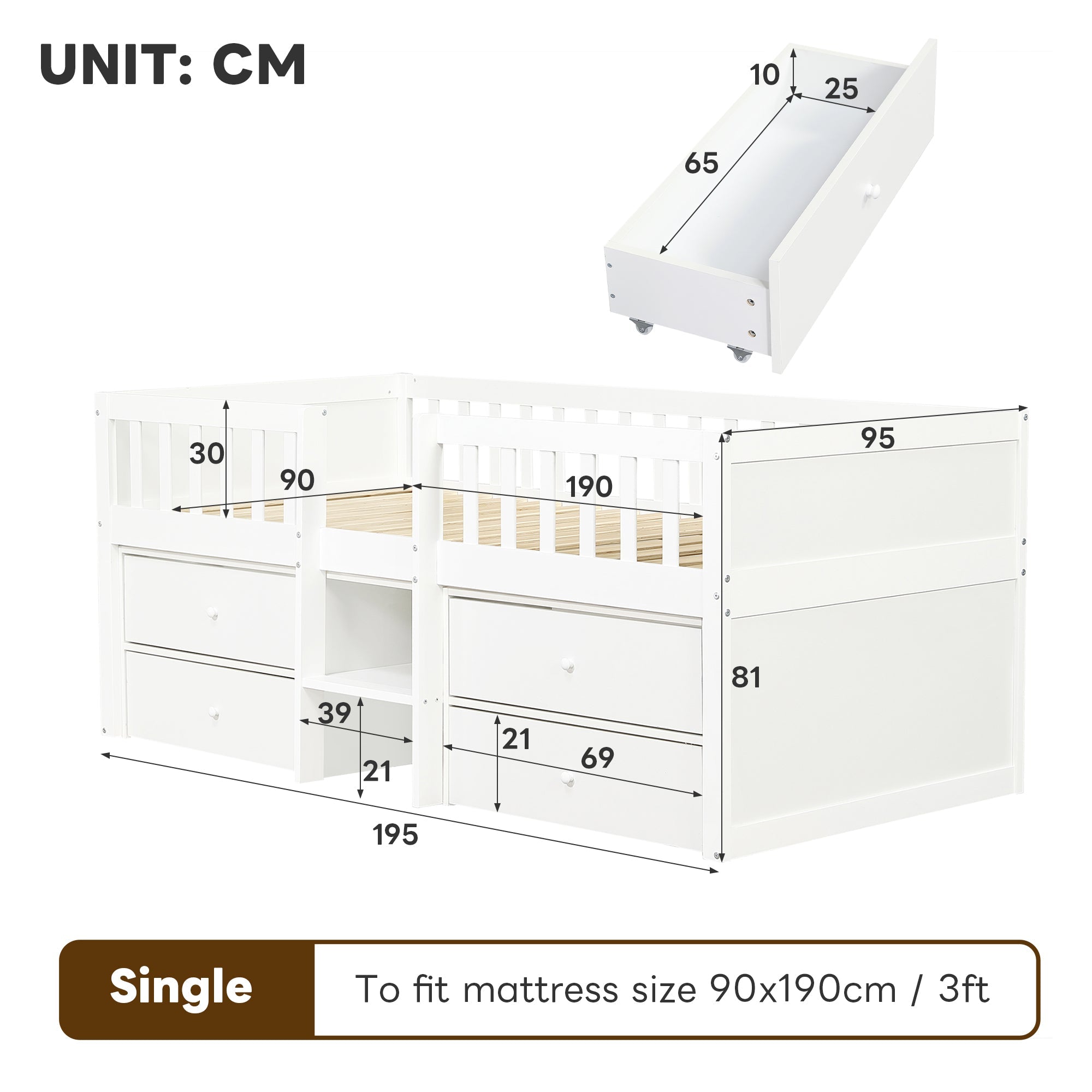Low Loft Bed with Storage, 3ft Single Bed with Guardrail, Solid Wood, White