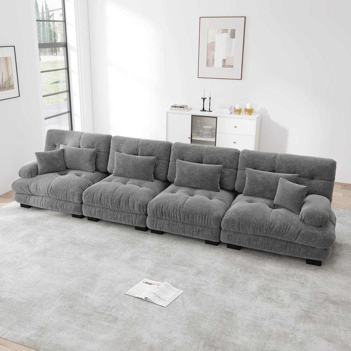 Modular Corner Sofa, 4-Seater Deep Seat Sleeper, Chenille Grey