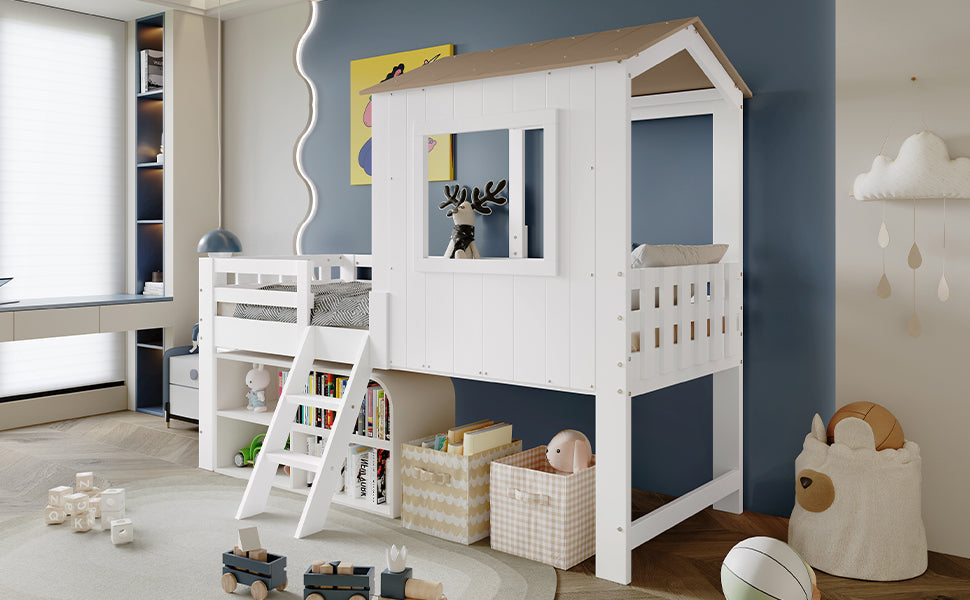 Children's Bed, Half-Height House Bed with Roof, Window & Stairs, White & Natural Wood