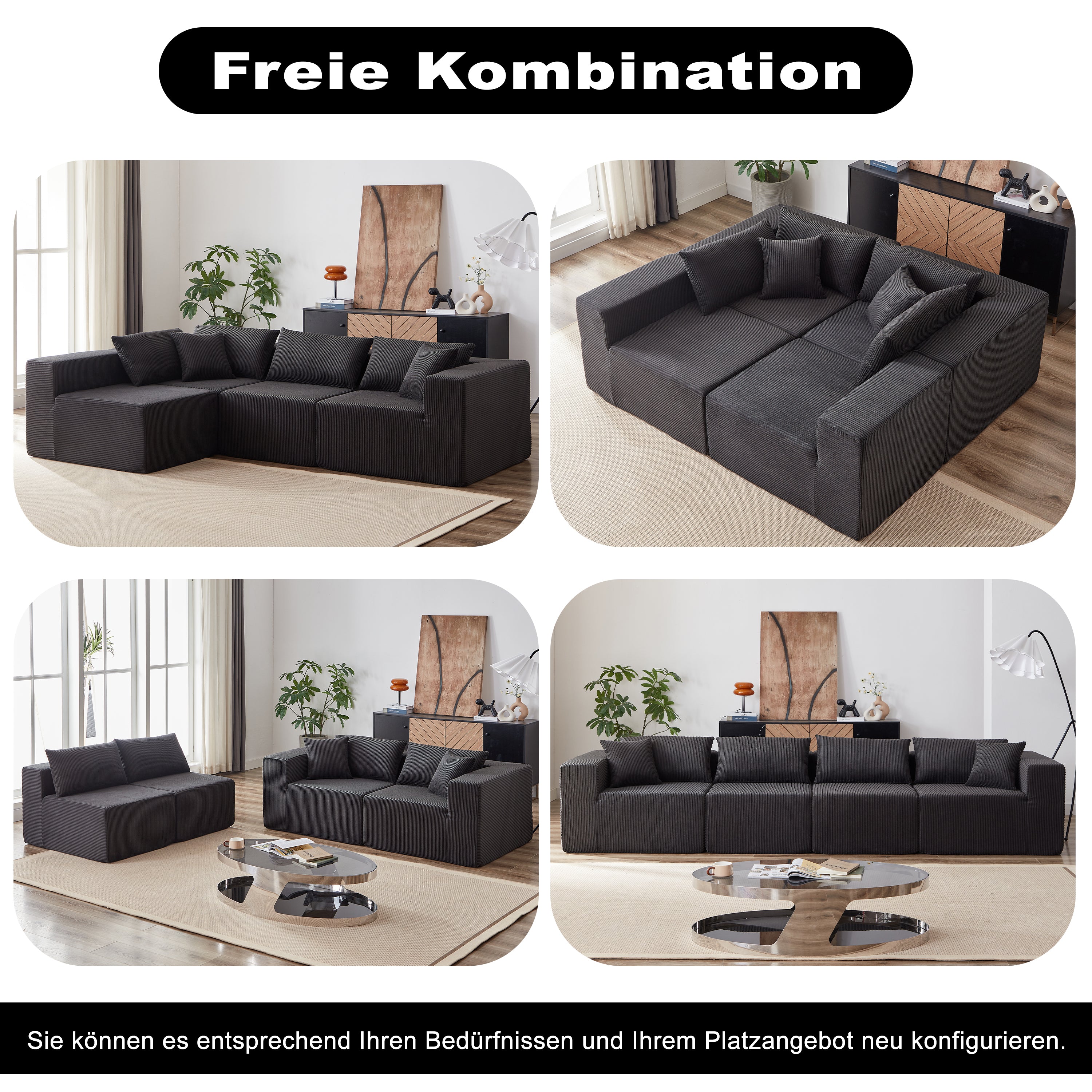 Modular L-Shaped Sectional Sofa 104-Inch 4-Piece Foam-Filled - Corduroy