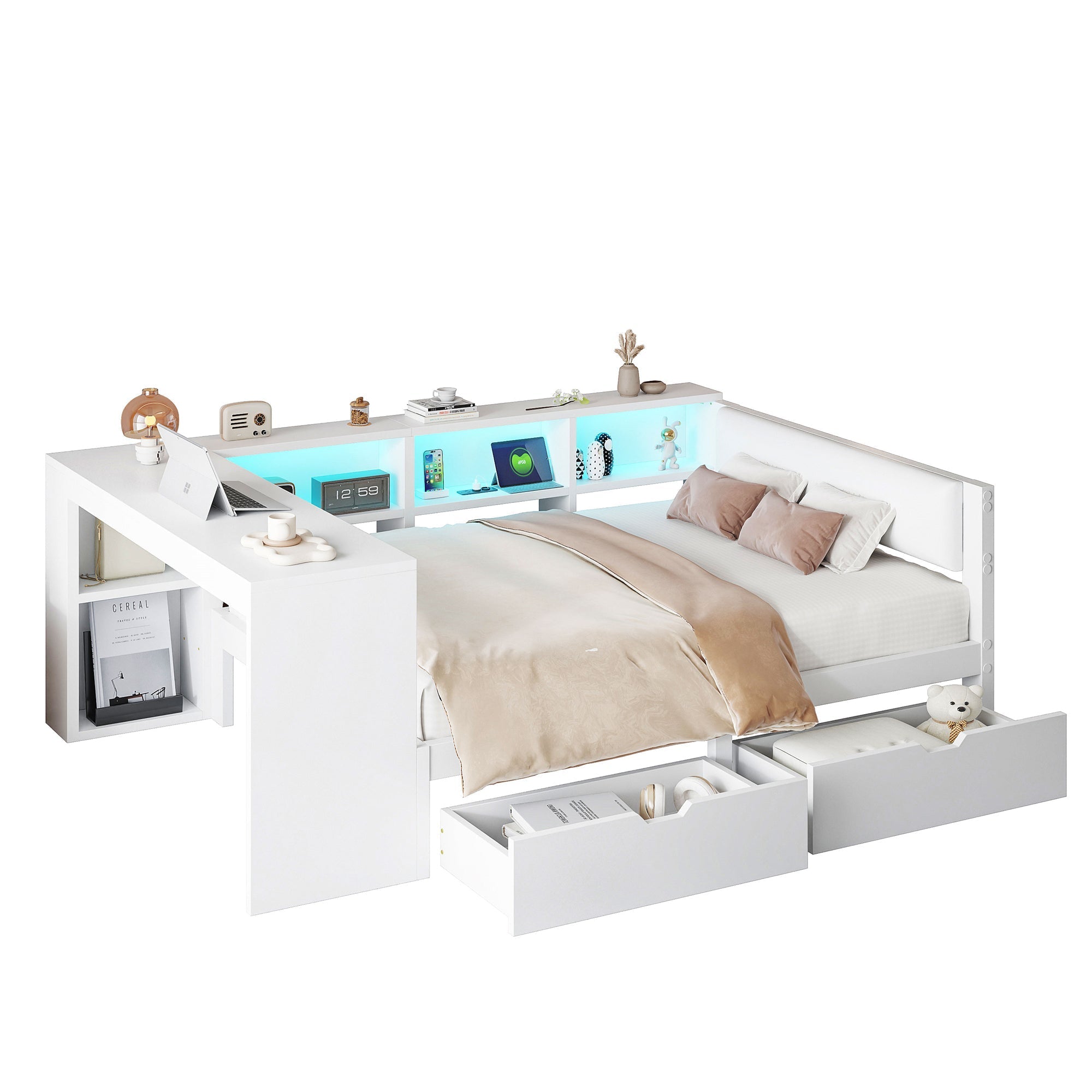 Platform Bed 140x200 Upholstered Headboard Storage Drawers LED Charge Station - White