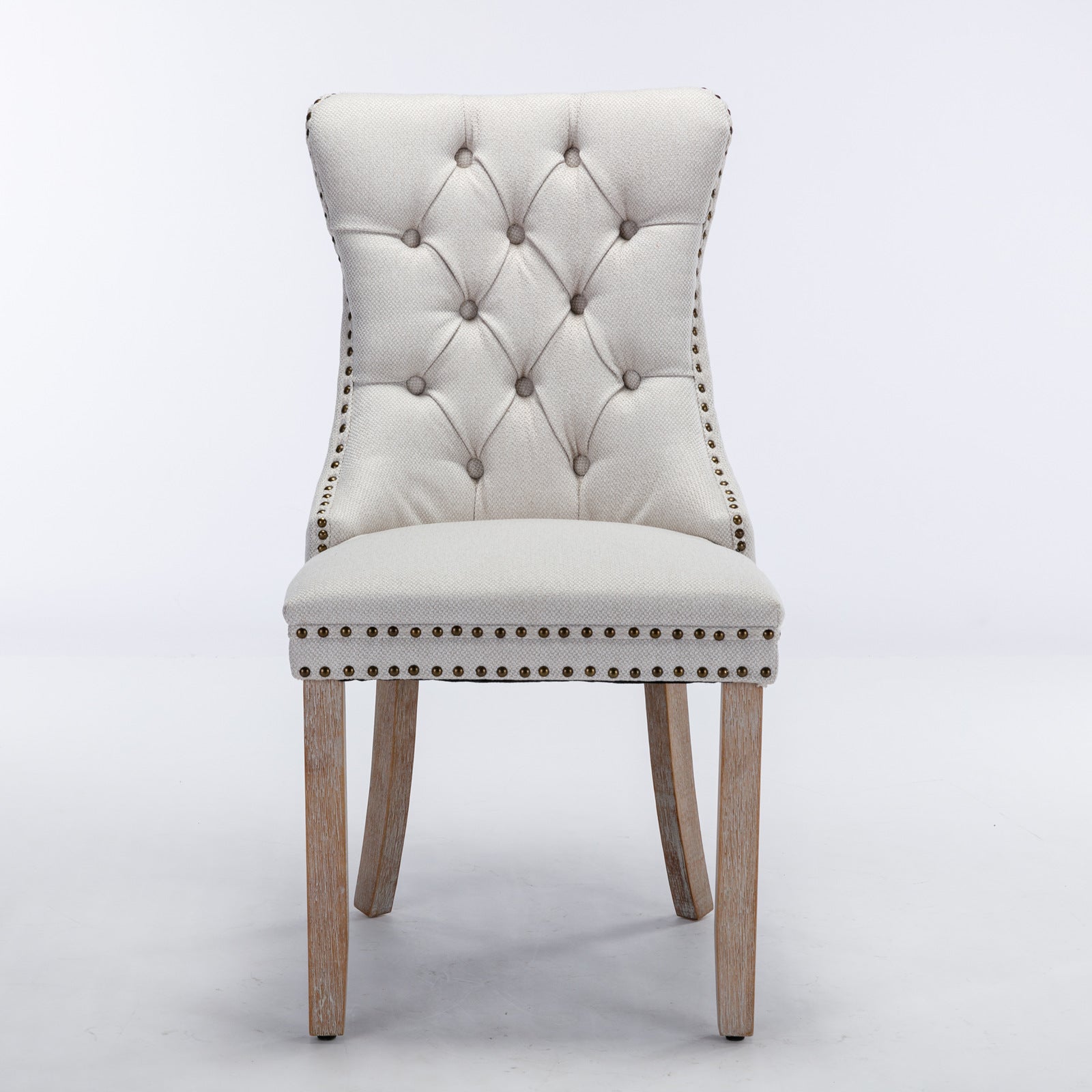 Nikki Collection Tufted Linen Dining Chair Nailhead Trim Wood Legs 2-Pcs Set - Beige