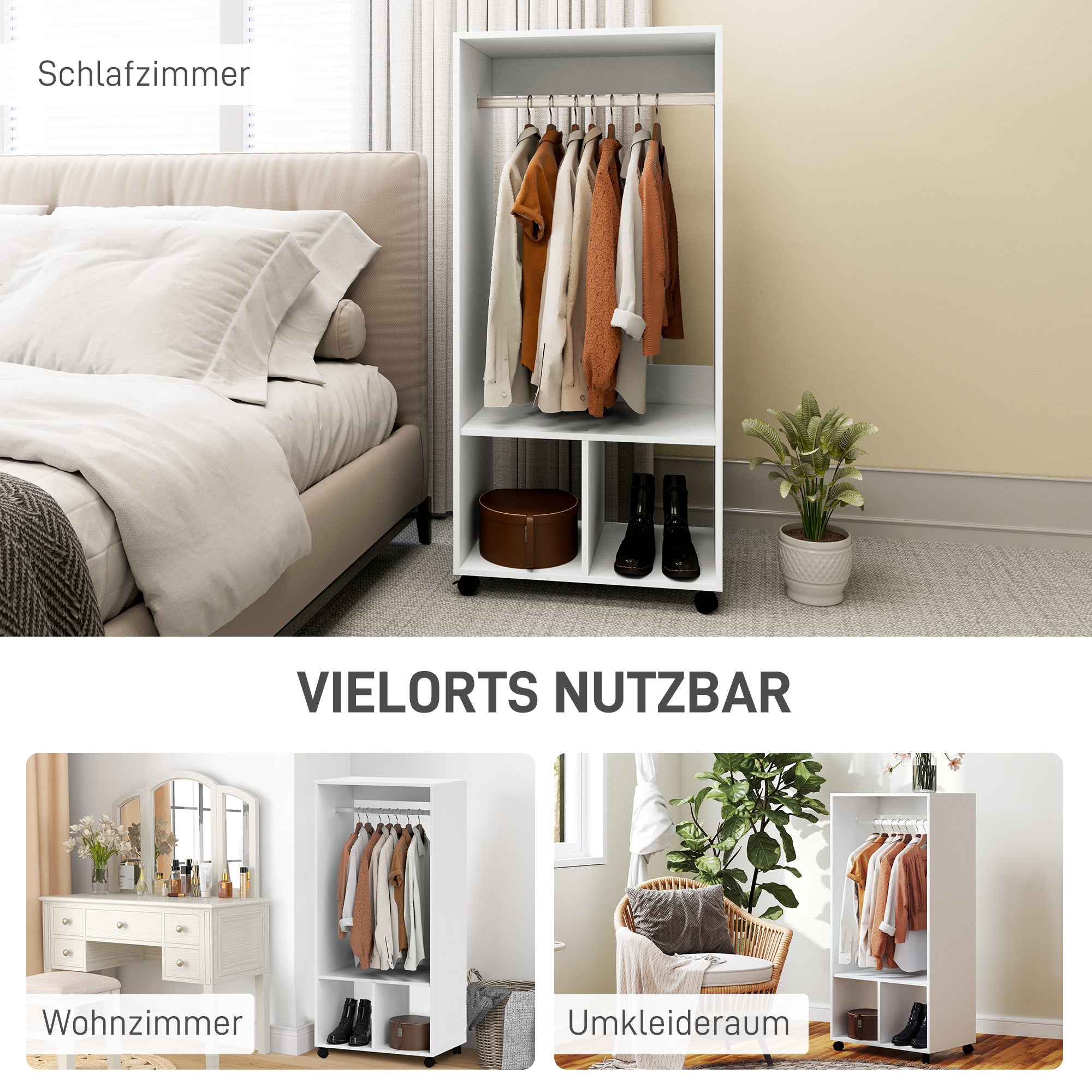 Mobile Wardrobe with Shelf, 4 Swivel Wheels, White