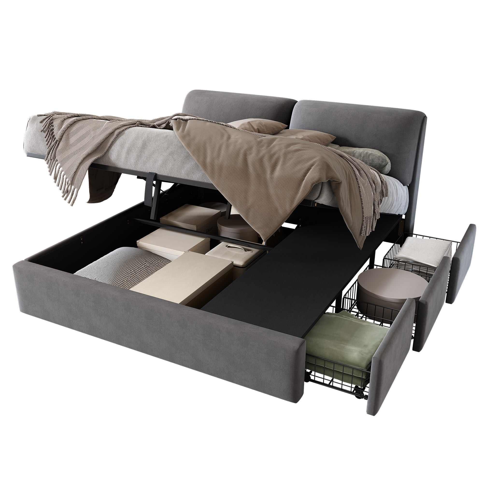 Upholstered Bed with Hydraulic Storage and Three Drawers, 160x200cm, Grey Velvet