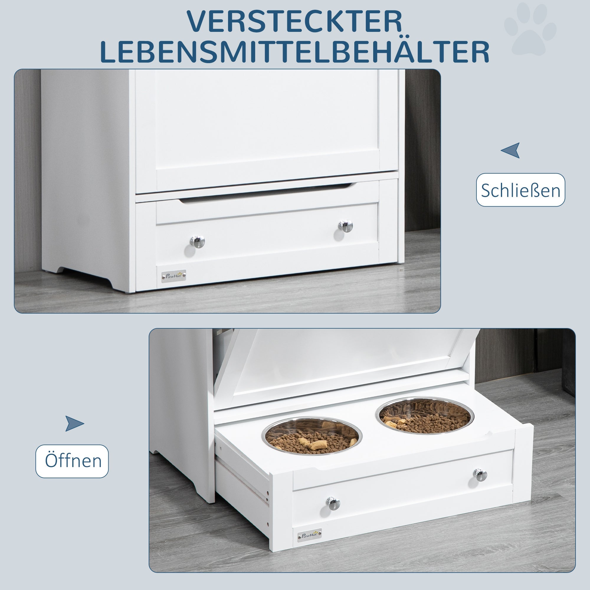 Pet Food Cabinet, 2 Stainless Steel Bowls Storage Tilting Door, White