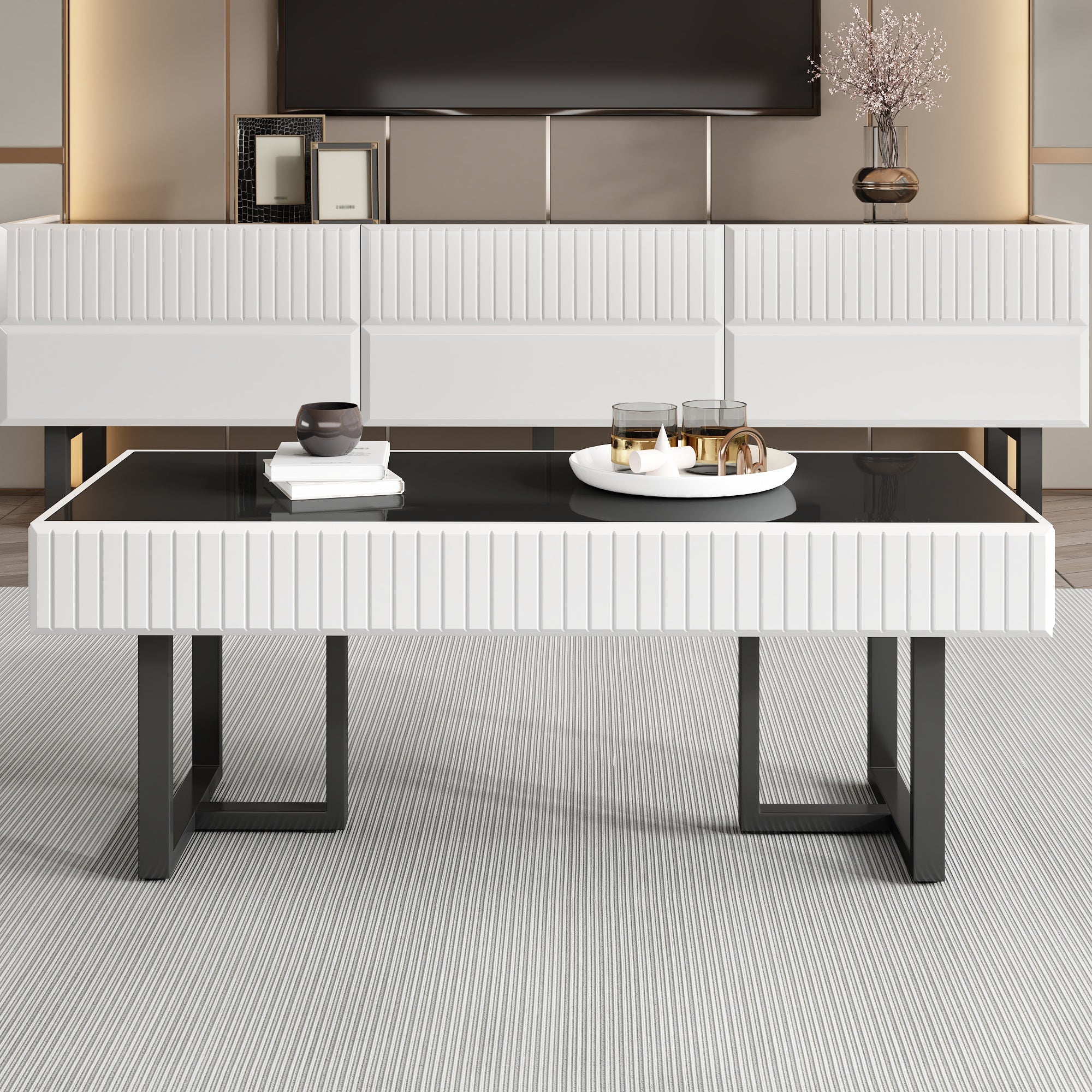 Coffee Table and TV Cabinet Set Modern Minimalist Storage Furniture - Black and White Stripe