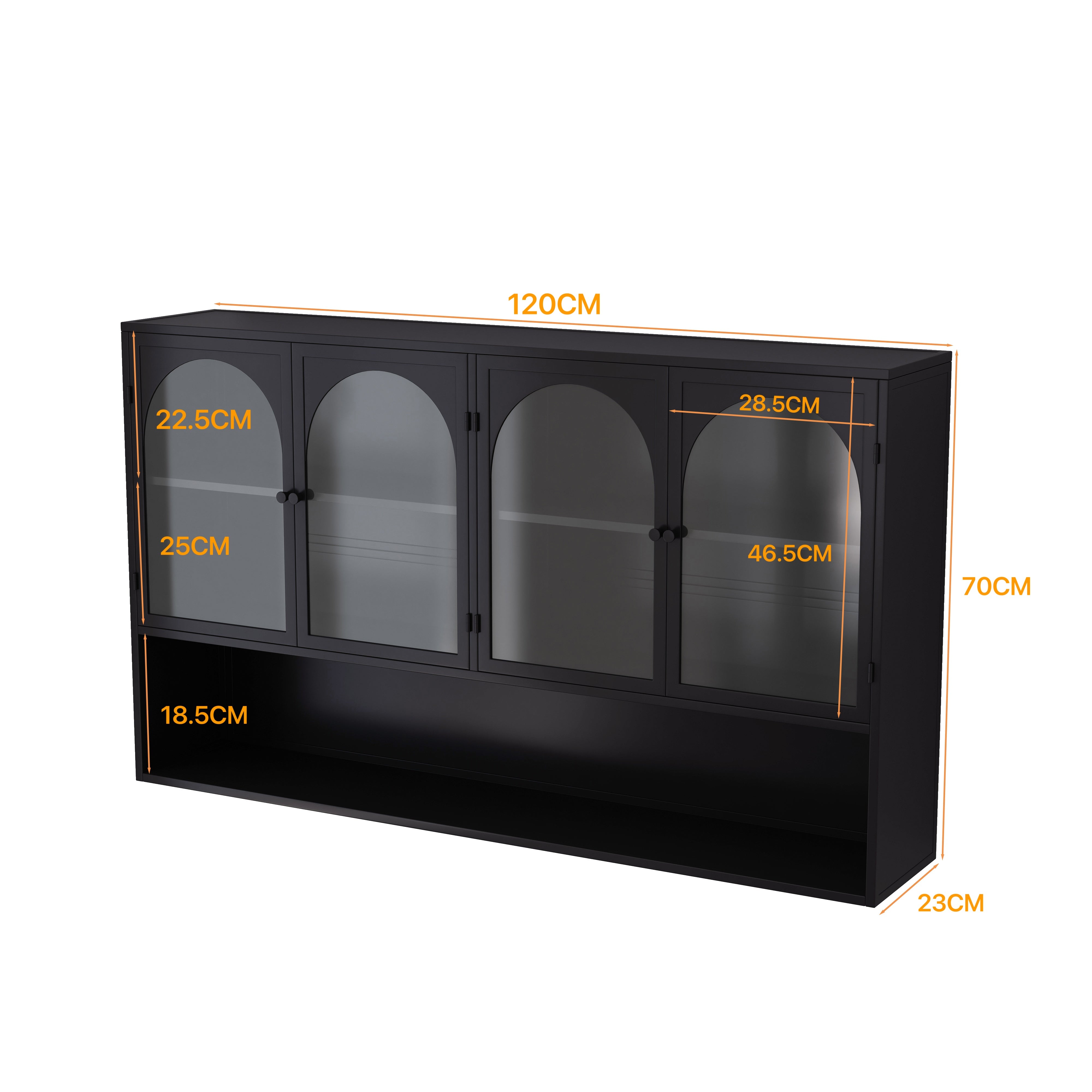 Four-door Glass Wall Cabinet, Wall-mounted 120CM, Black