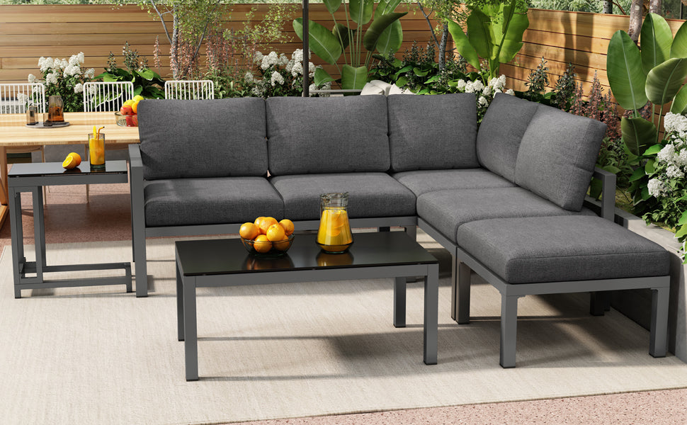 Garden Lounge Set Corner Chairs 4-5 Seater Side & Coffee Table 5-Piece - Grey