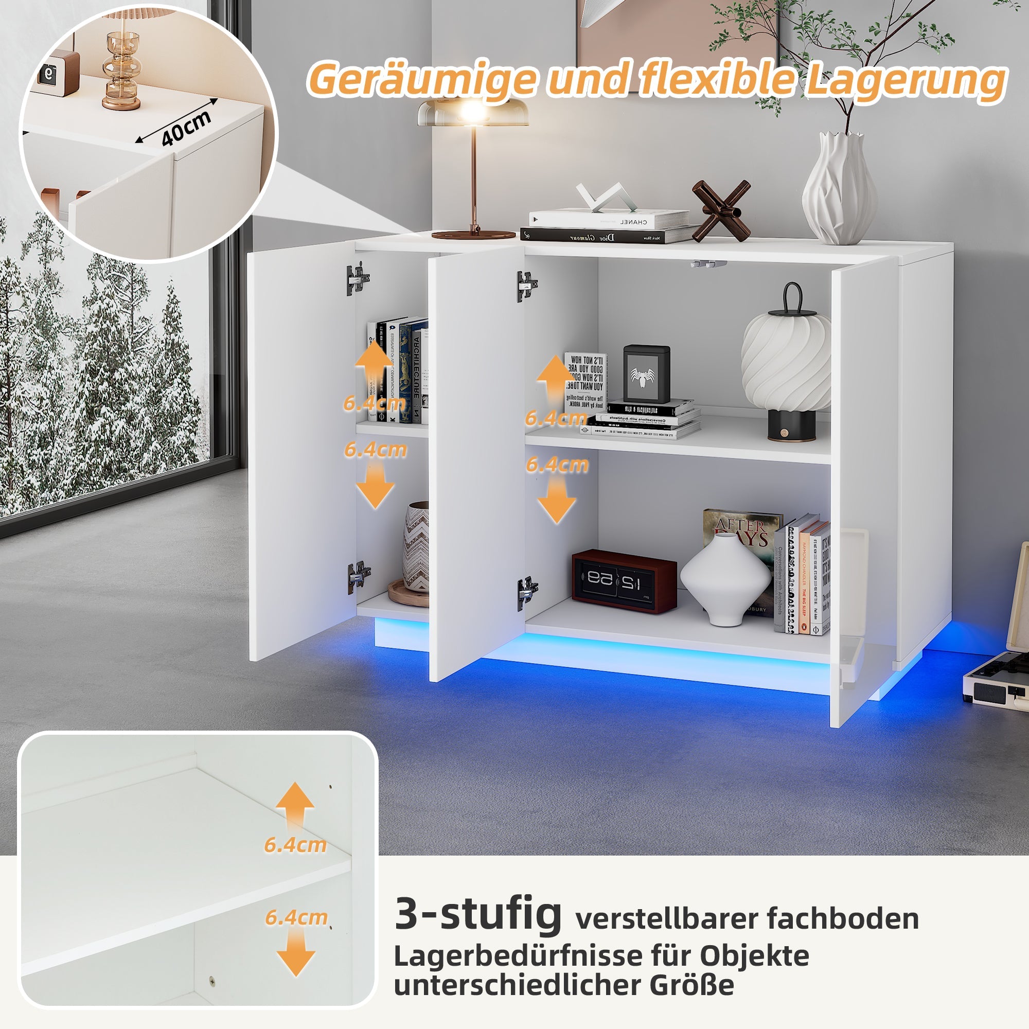 Dining Room Cabinet Sideboard, Open/Closed Storage LED Light, 120x40x75CM, White High-Gloss