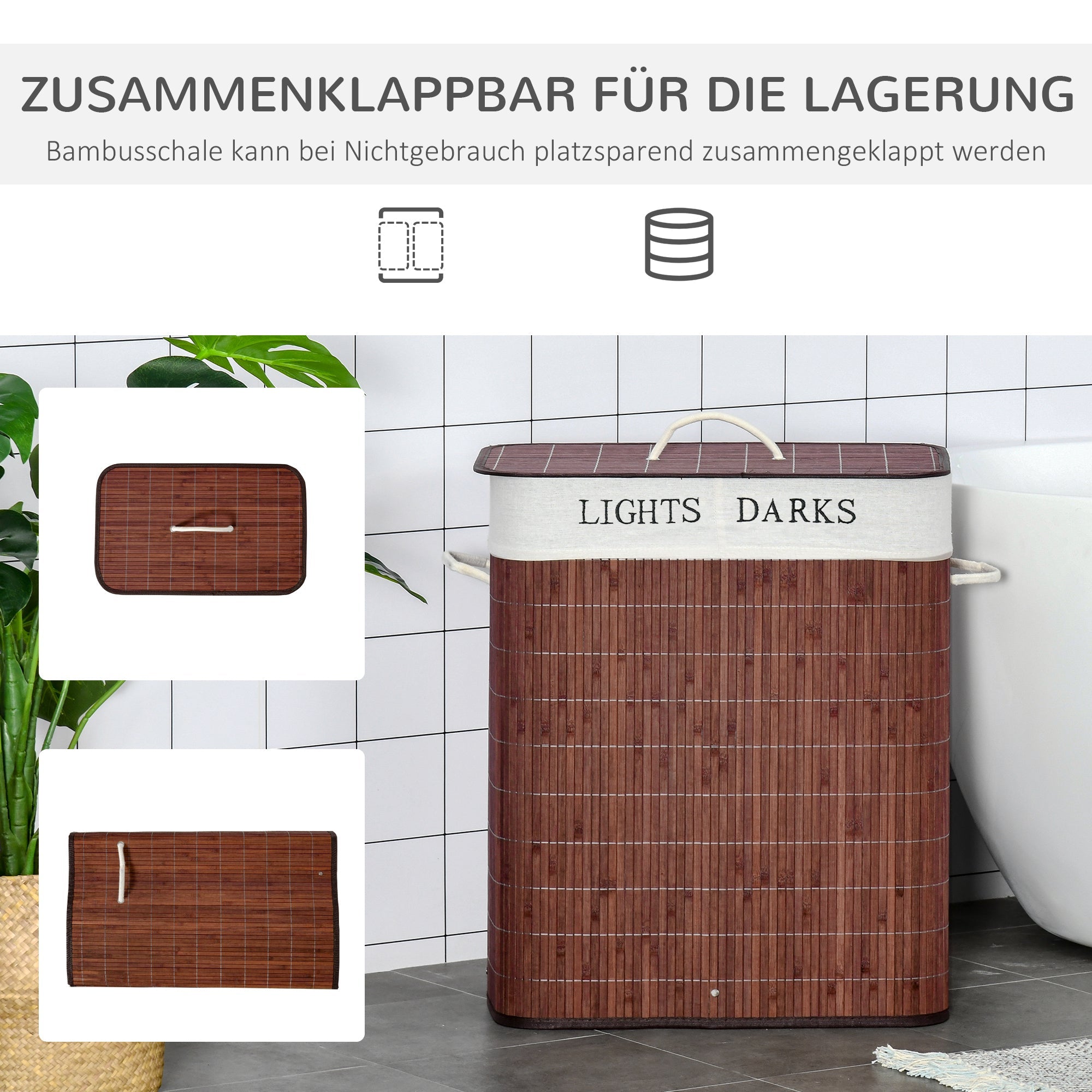 Laundry Basket Hamper 100L 3 Handles Washable Bag, Bamboo Cotton Metal Brown+White