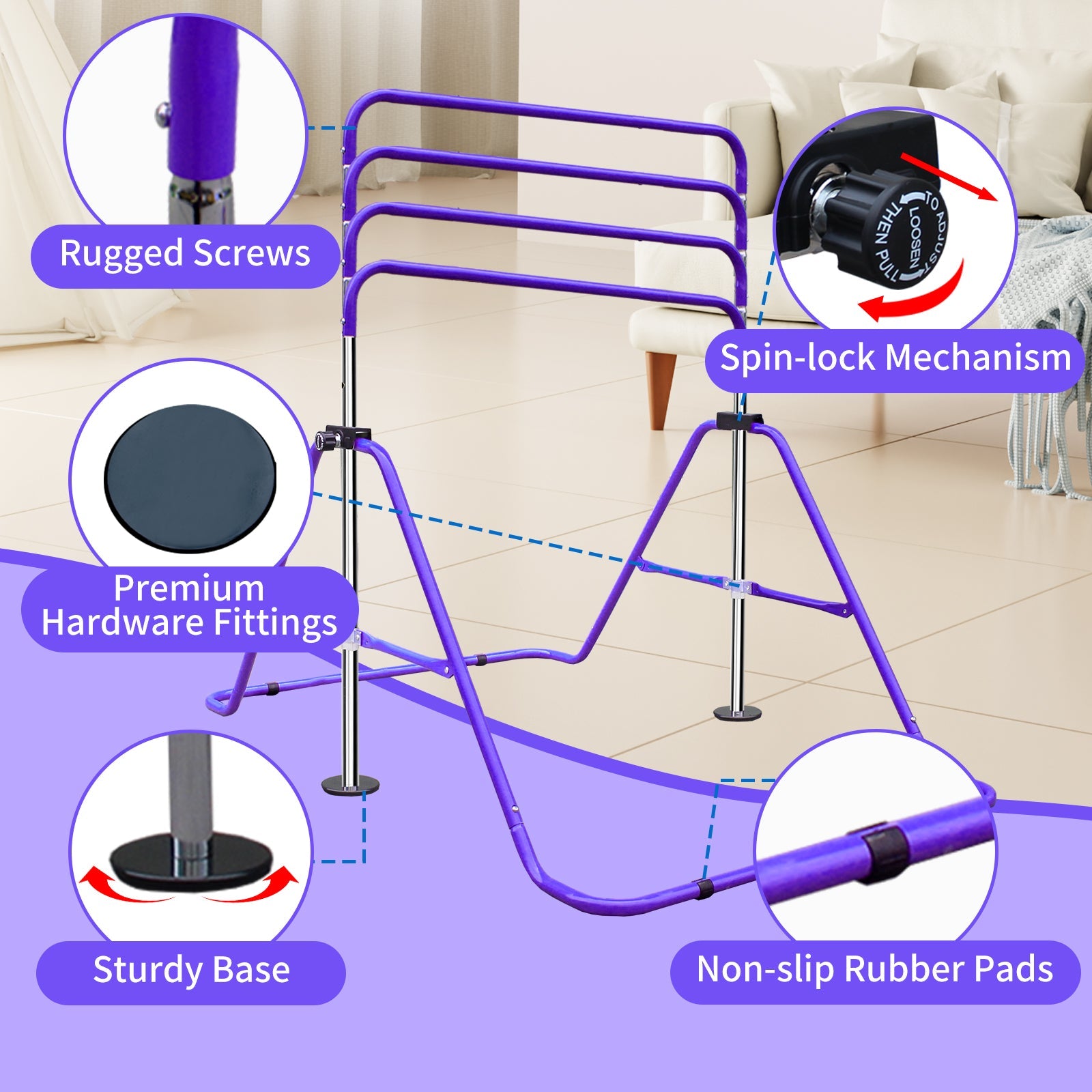 Expandable Gymnastics Bar, Height Adjustable Folding Junior Training, Purple
