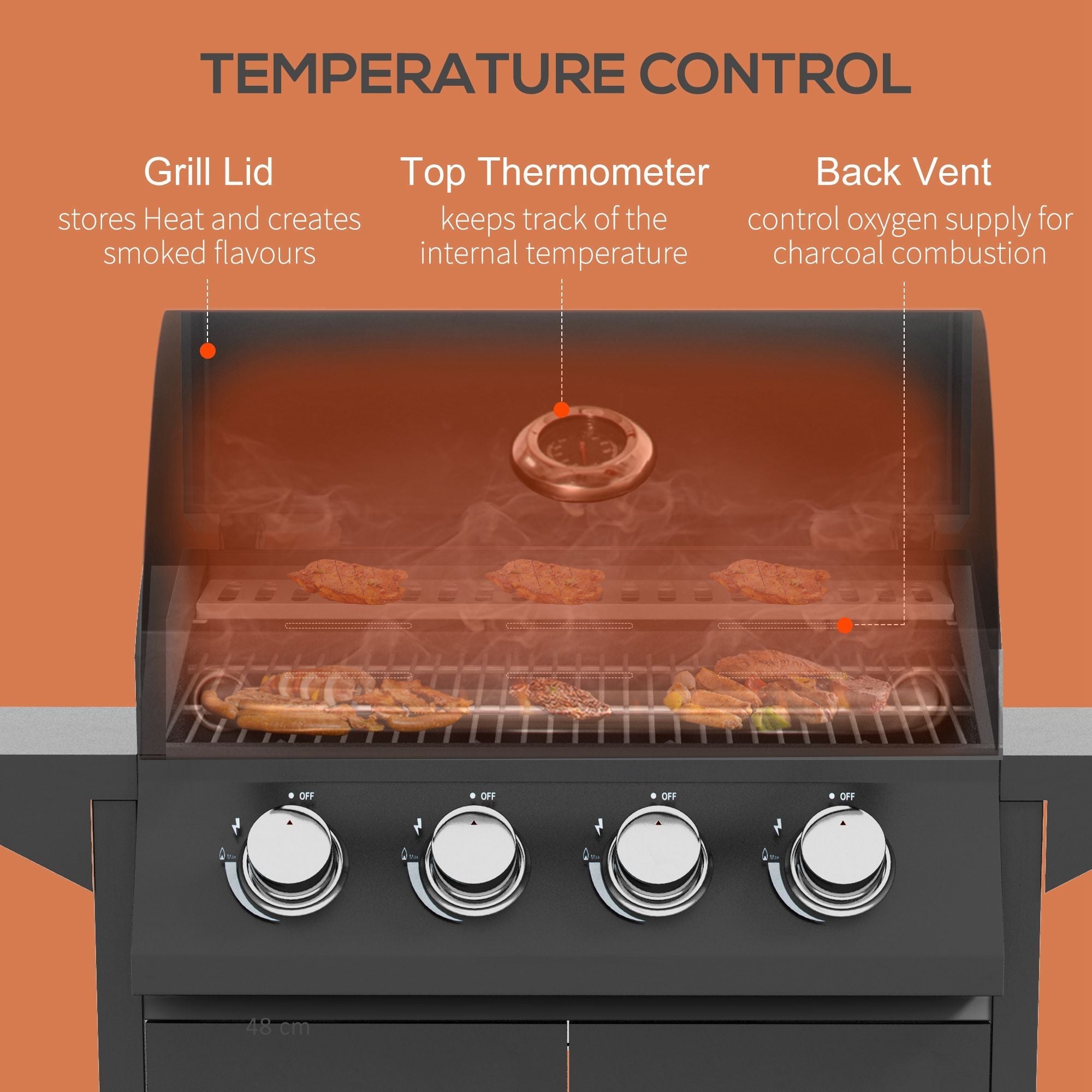 4 Burner Gas BBQ Grill, Portable Trolley w/ Warming Rack, Side Shelves & Storage, Carbon-Steel