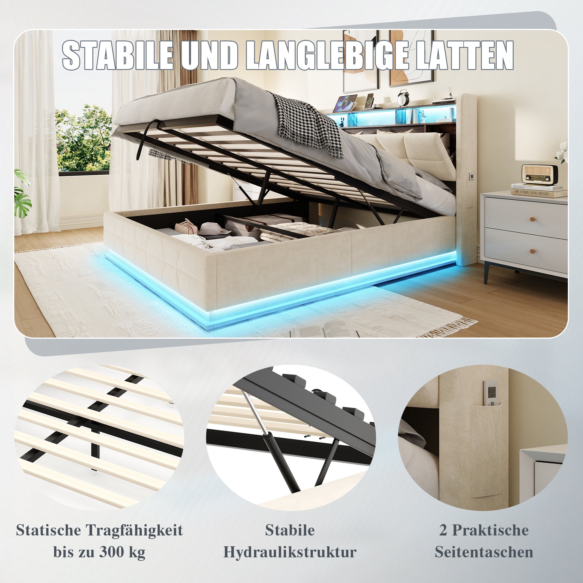 Multifunctional Bed with LED Lighting, Storage Headboard and USB Charging Station, 140x200cm, Beige
