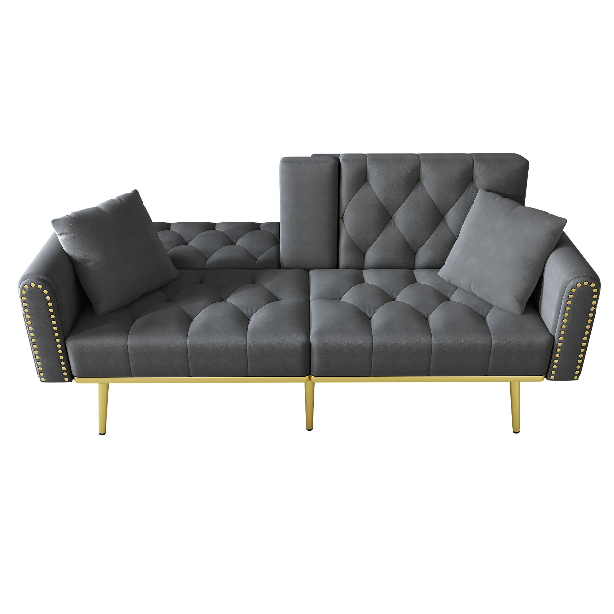 Double Fold-Out Sofa Bed Reclining 3-Position with Cup Holders Fabric Gray