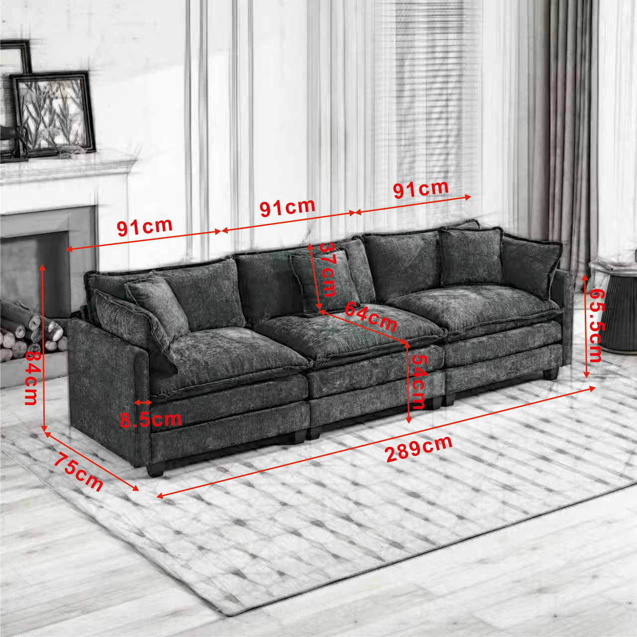 Cloud Sofa 3 Seater Modern Sectional Couch with Double Layer Upholstered Cushion, Black Chenille Fabric