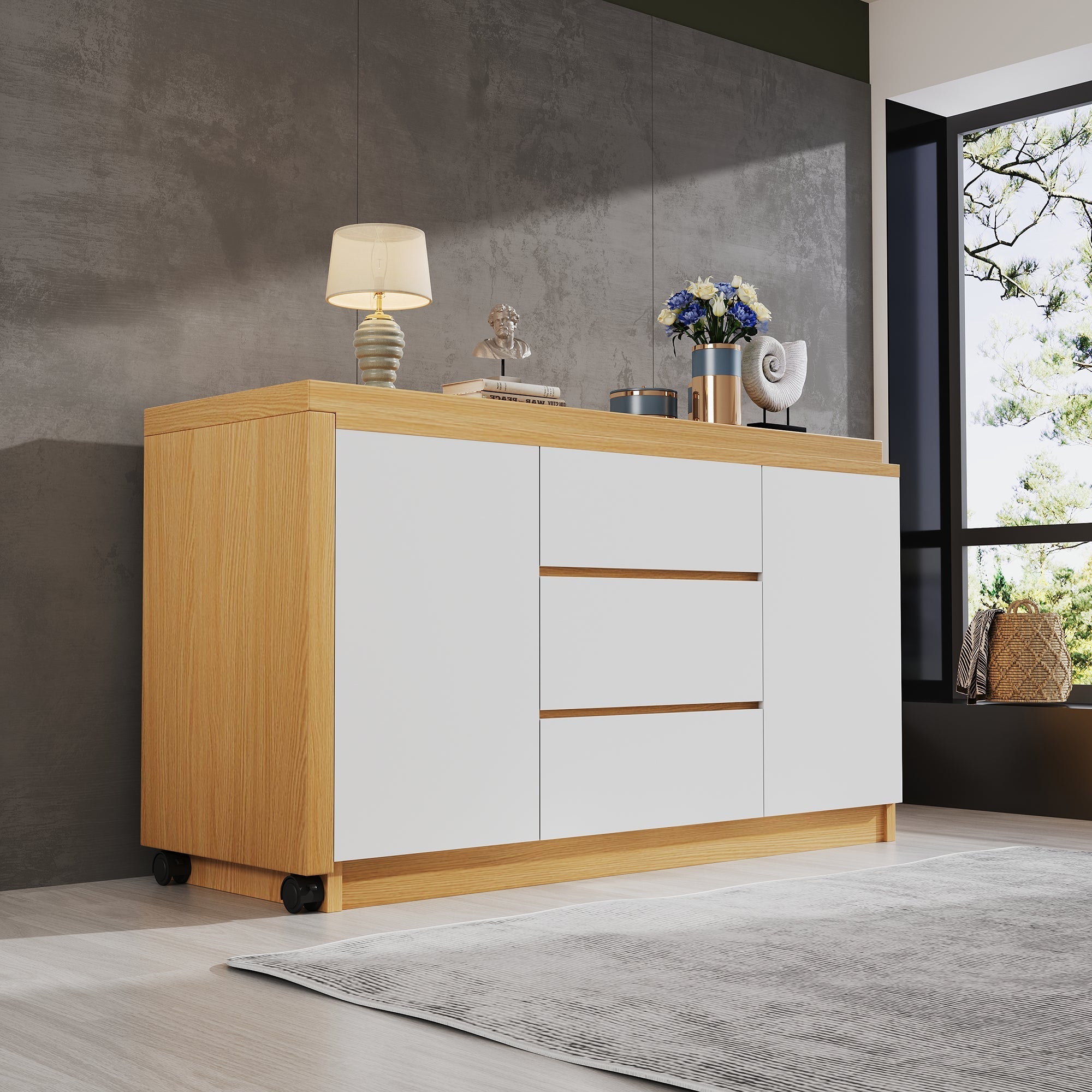 Desk, Multifunctional Rotating, Lockable Casters, White/Oak