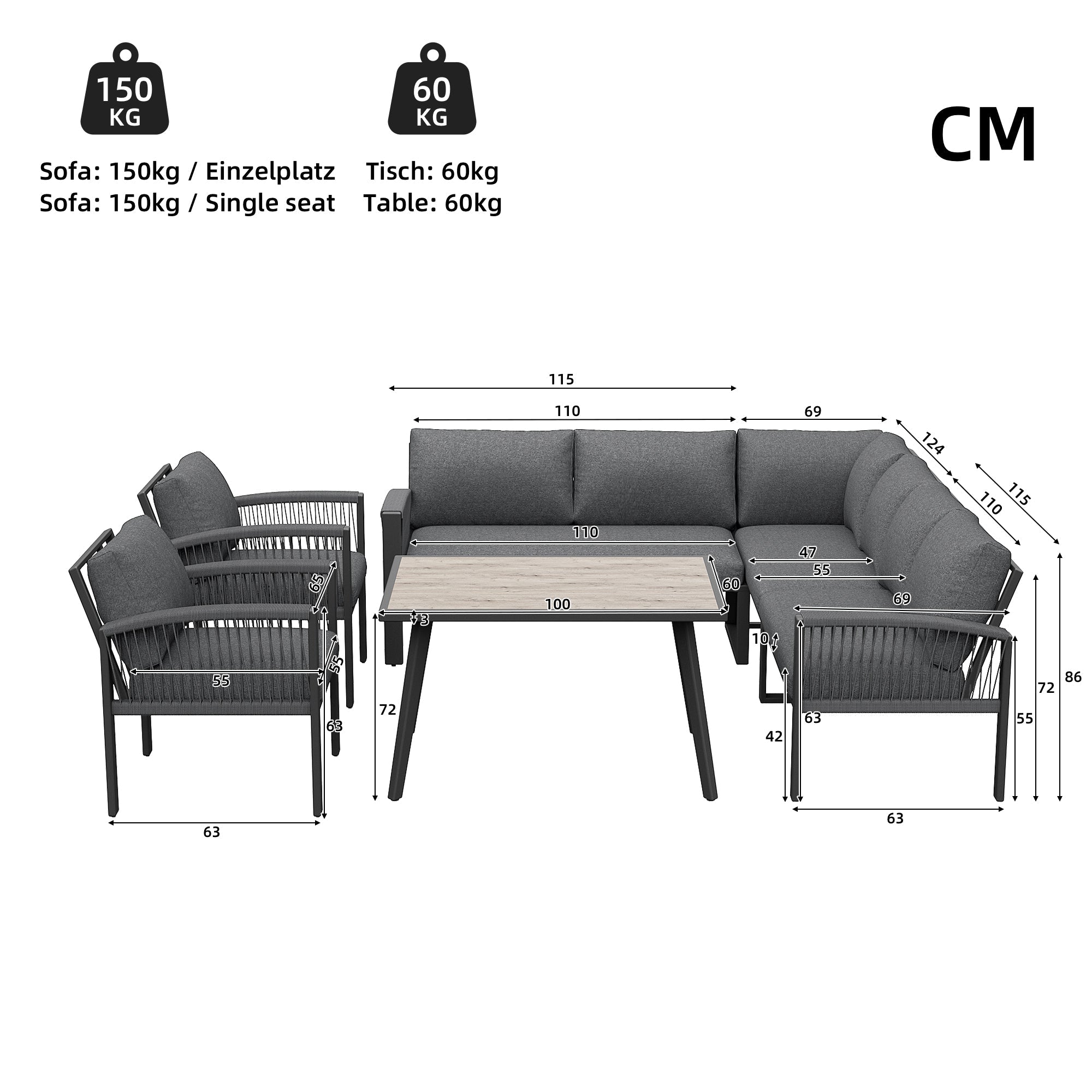Garden Lounge Set 8-Person Rope Design Large Table Wood Grain - Grey