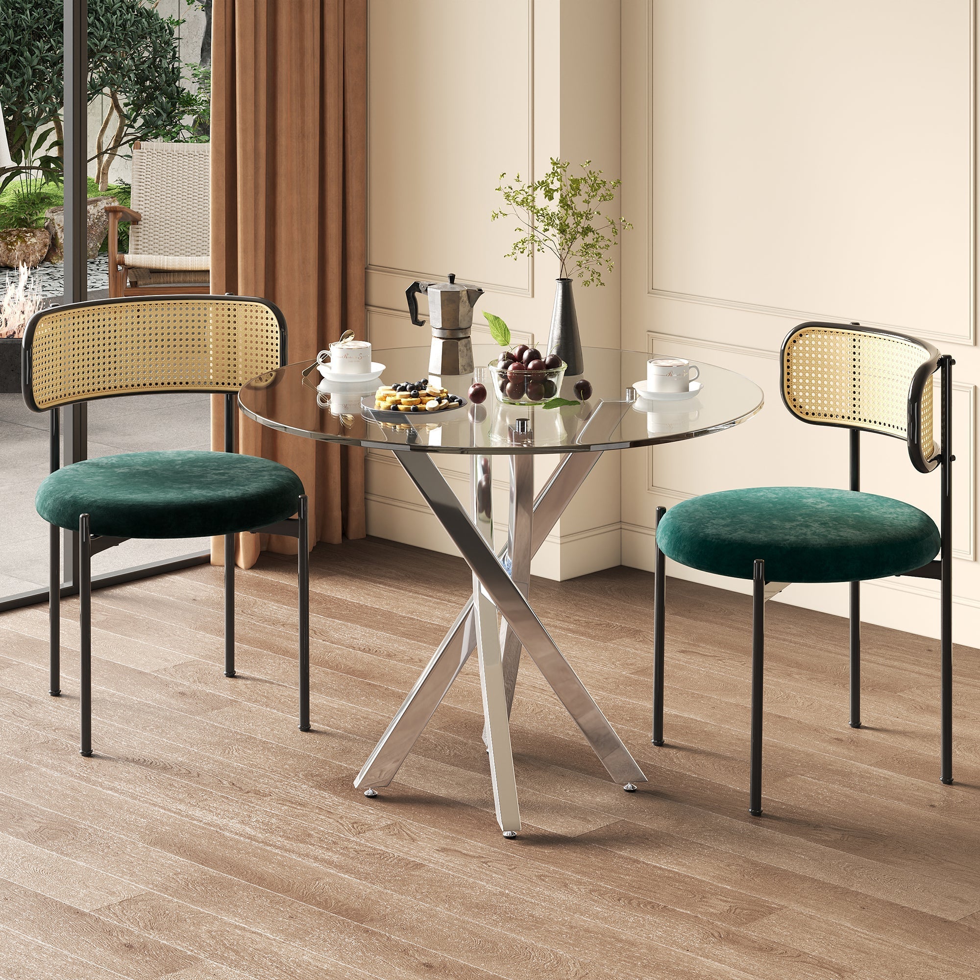 Dining Table Set with Tempered Glass Tabletop and 2 Chairs, Green and Silver