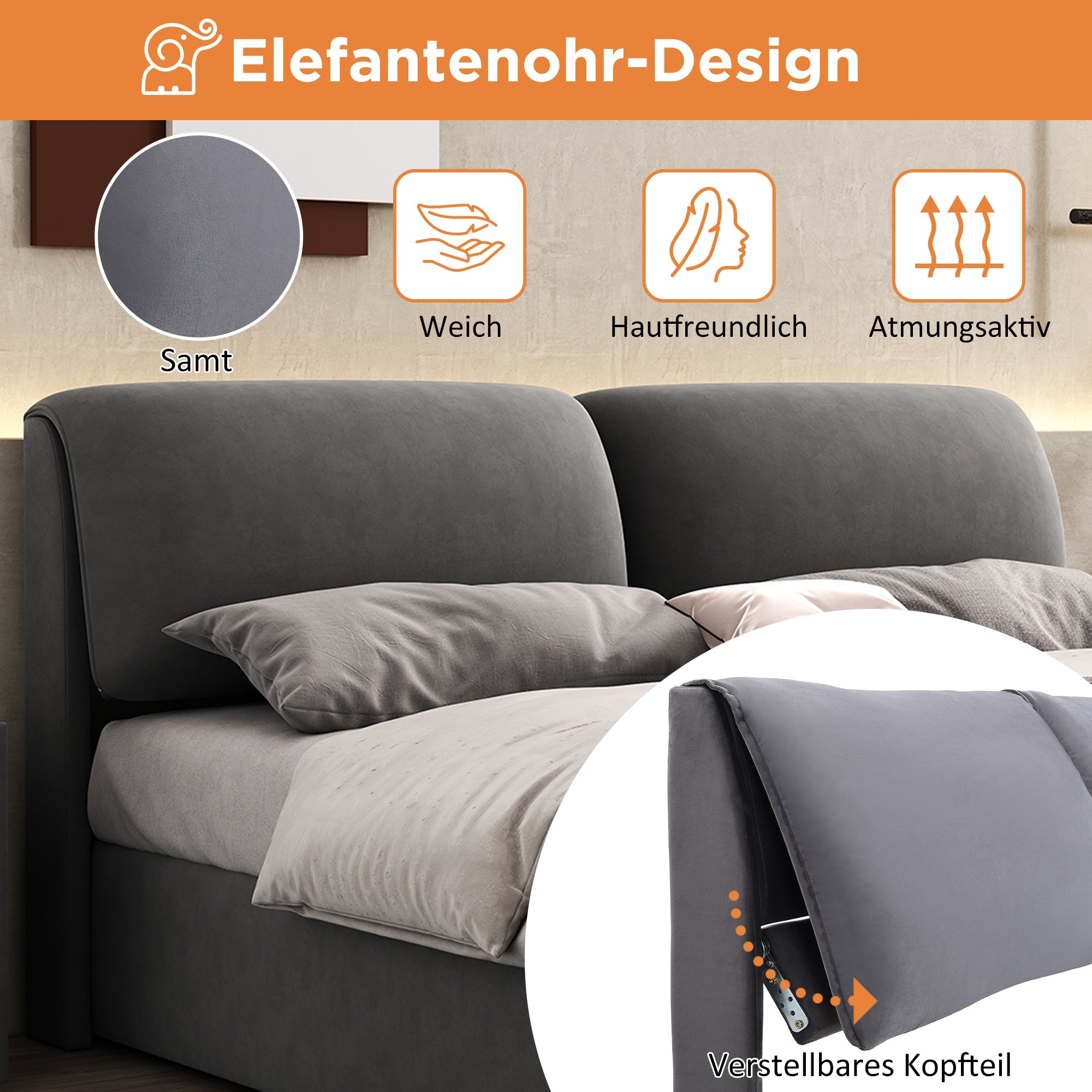 Upholstered Bed with Hydraulic Storage and Three Drawers, 160x200cm, Grey Velvet