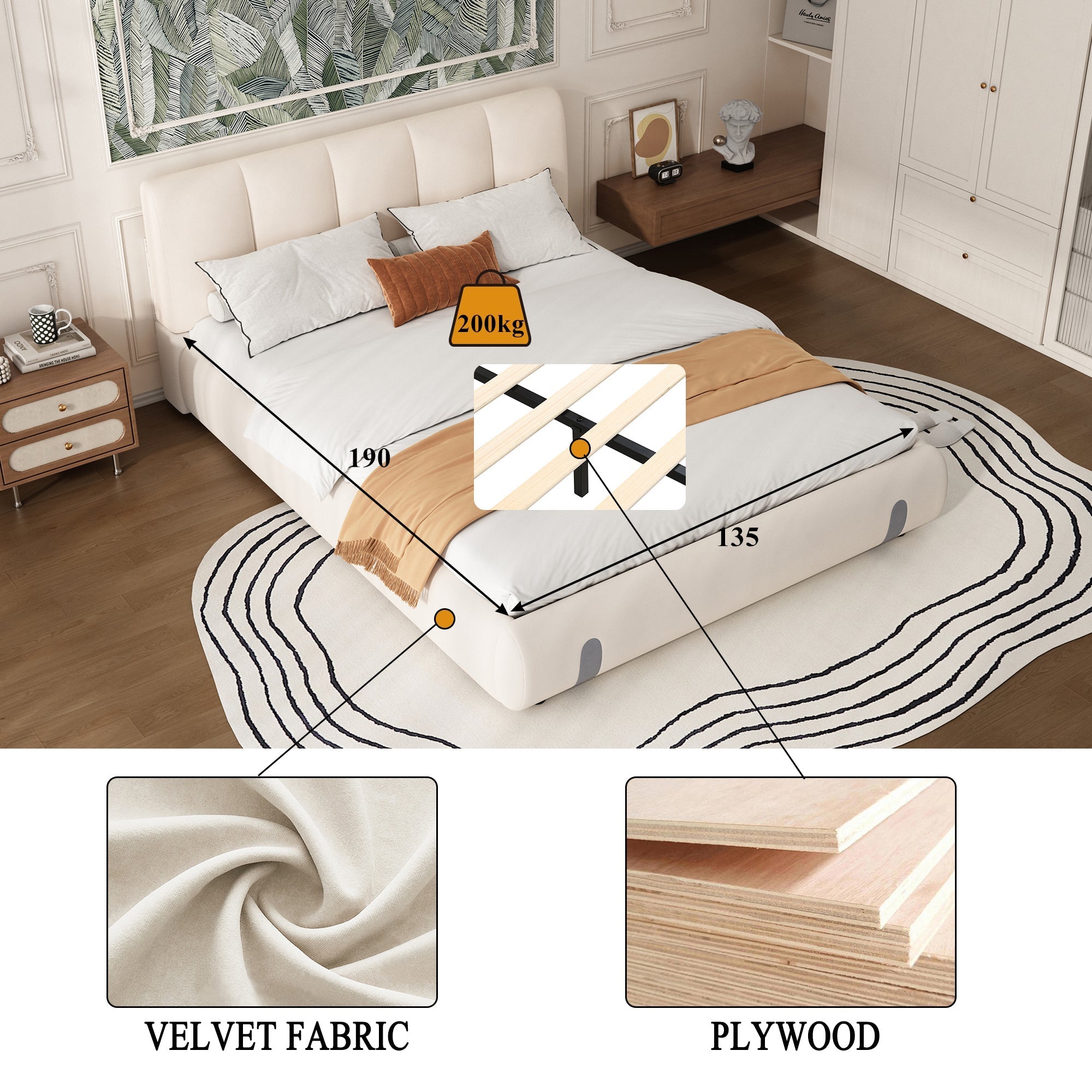 Upholstered Bed for Adults and Teenagers, 4ft6 Double 135x190cm, Durable, Sturdy, Soft Headboard, White Velvet