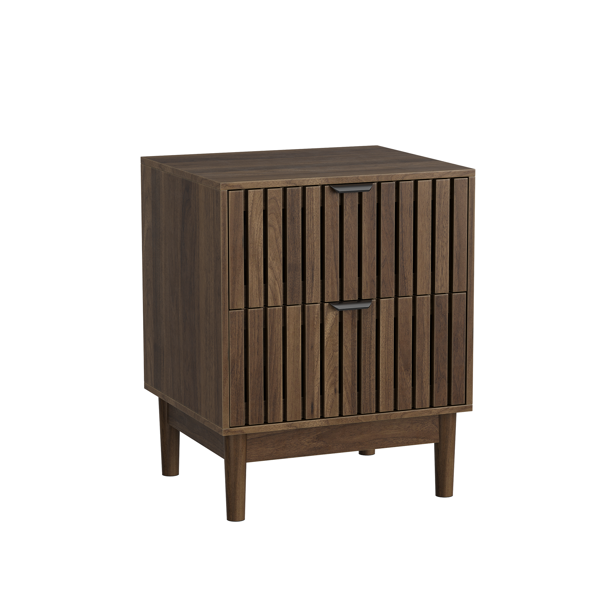 Mid-Century Modern Nightstand with Two Drawers and Slatted Design, 45 x 39 x 56.5 cm, Walnut Wood
