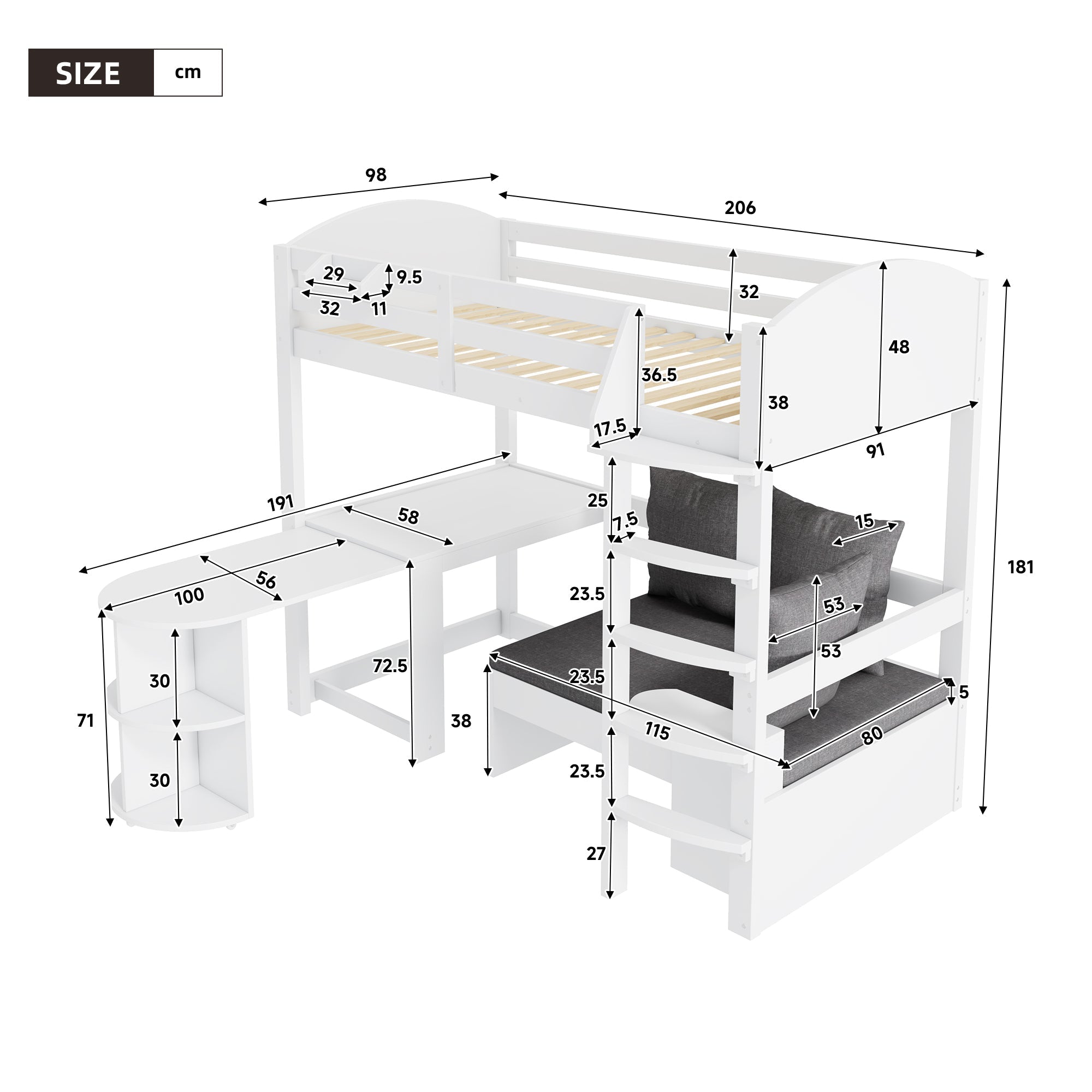 Children's Bunk Bed Multifunctional Ladder Pull-out Table Storage Sofa 90x200, White