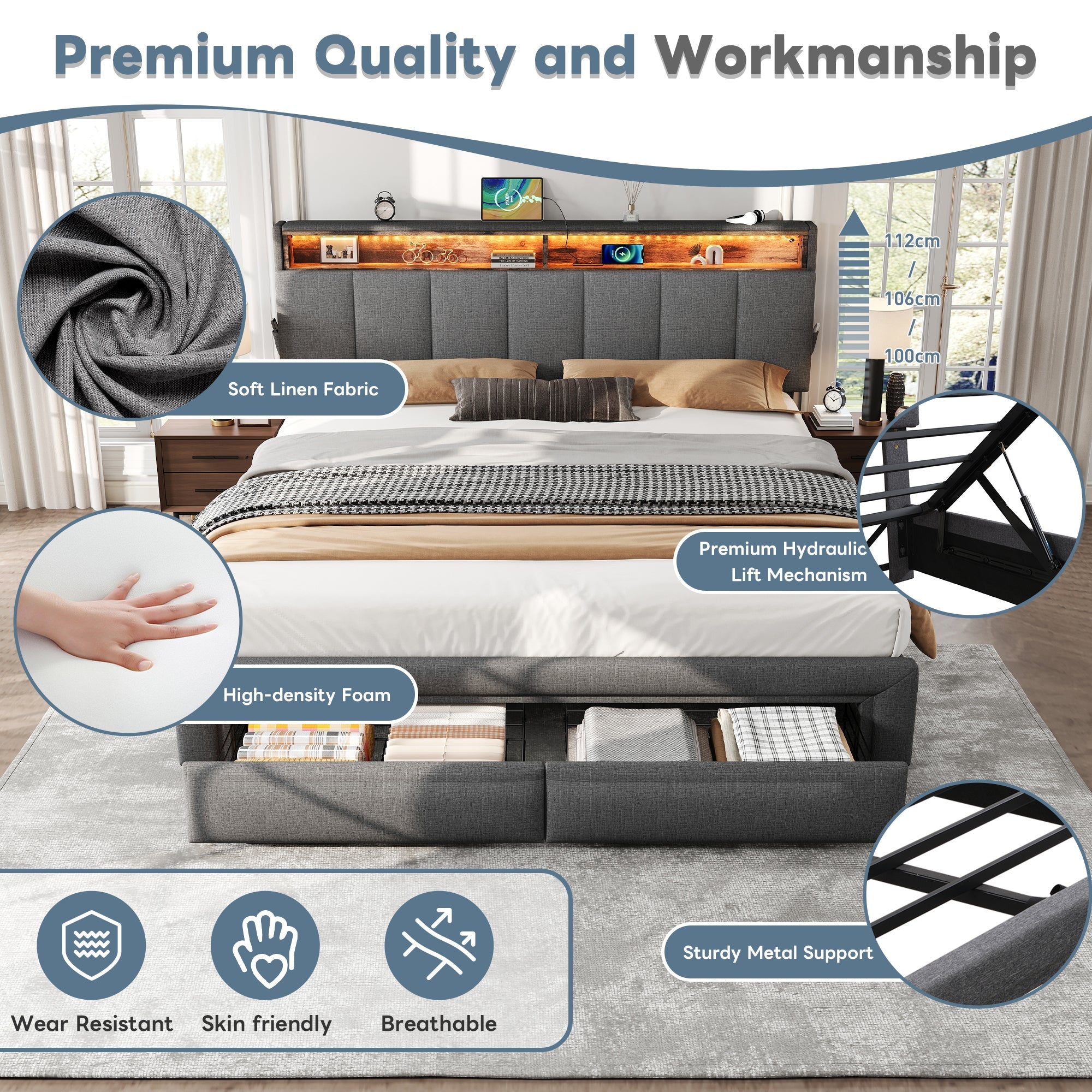 King Upholstered Bed Frame Hydraulic & Drawers Storage, LED Adjustable Headboard, Linen Grey