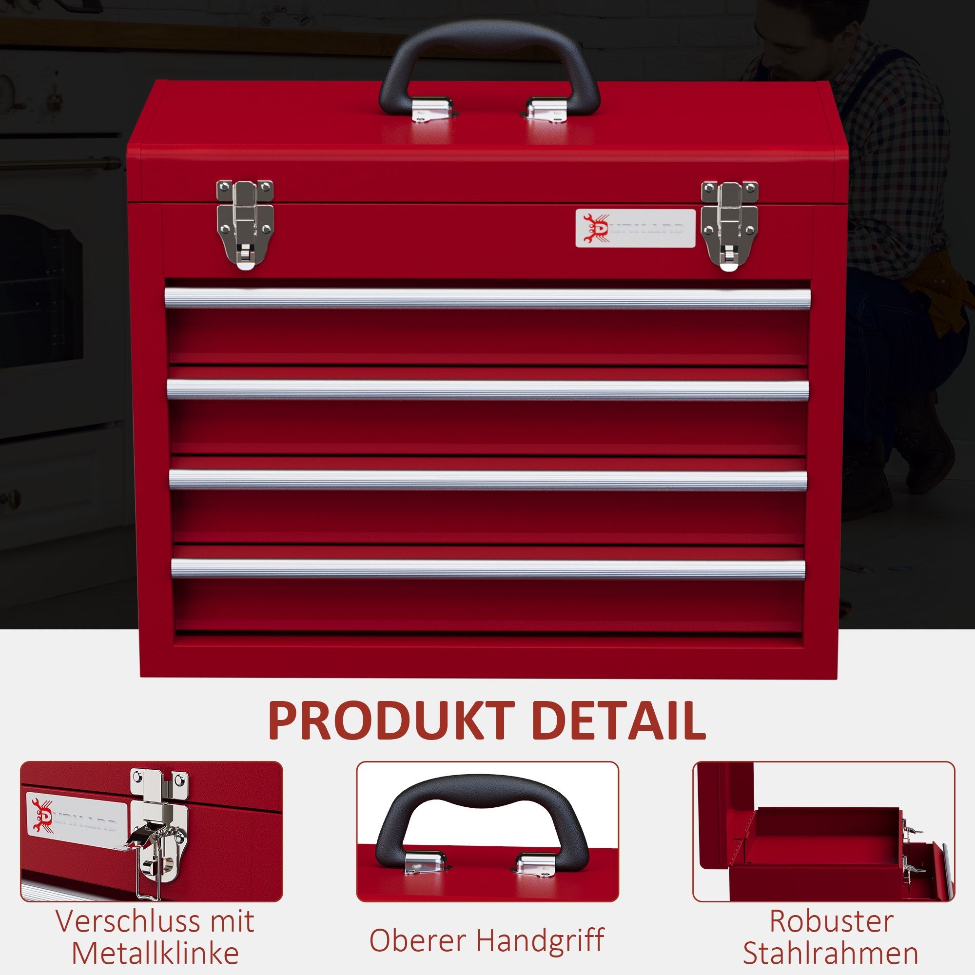 DURHAND Empty Tool Case, 4 Drawers, Top Storage, Lockable, Steel