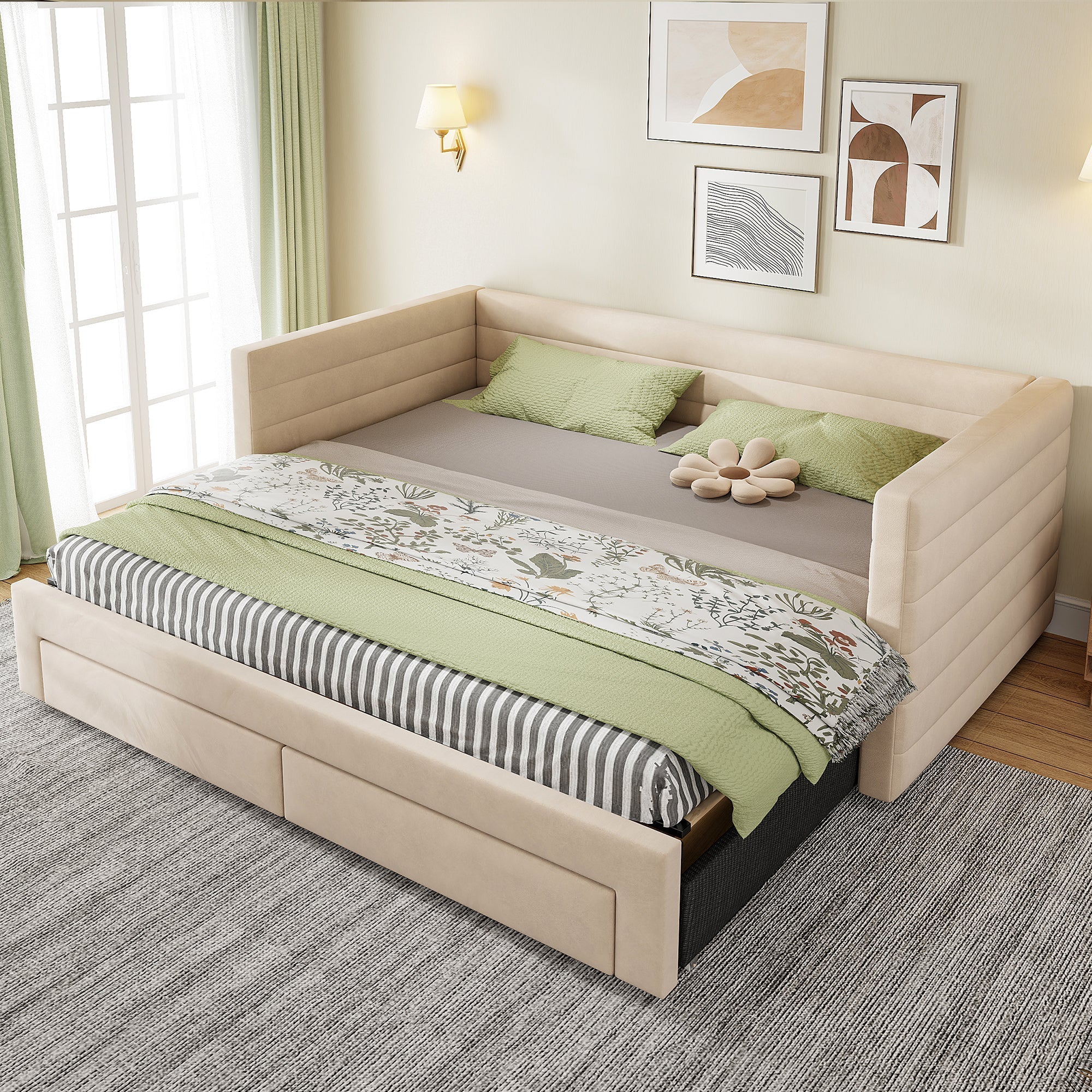 3-in-1 Upholstered Sofa Bed with Drawers and Slatted Base, Cotton and Linen, Beige