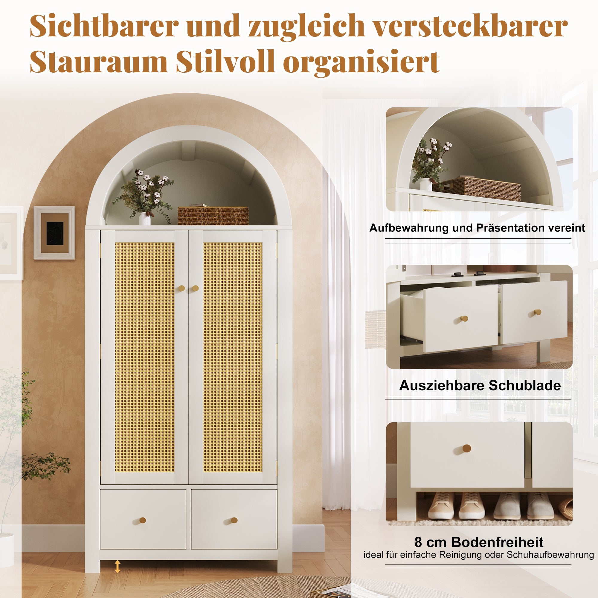 Wardrobe with Rattan Weave and 2 Doors, 181x78x45cm, White Wood