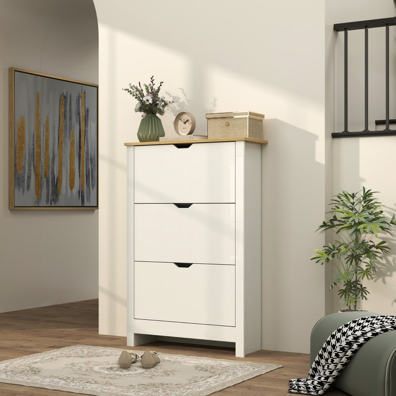 Slim Shoe Cabinet with 3 Flip Drawers and Adjustable Shelves for 18 Pairs, High Gloss White