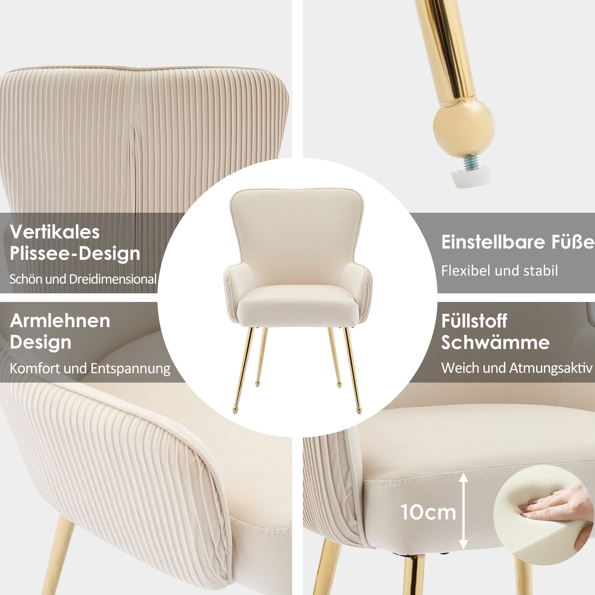 Velvet Dining Chair Set of 6, Luxurious Lounge with Armrests, Lumbar Support, Gold Legs, Beige