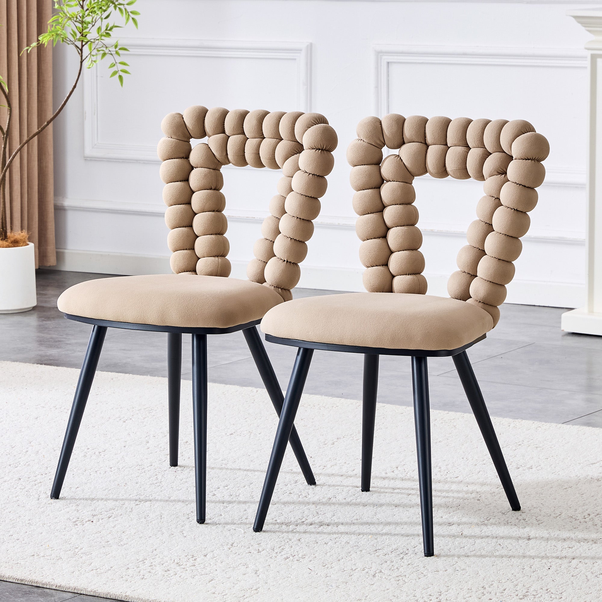 Dining Chairs Set of 2 with Triangular Cutout Backrest and Black Metal Legs Camel Velvet