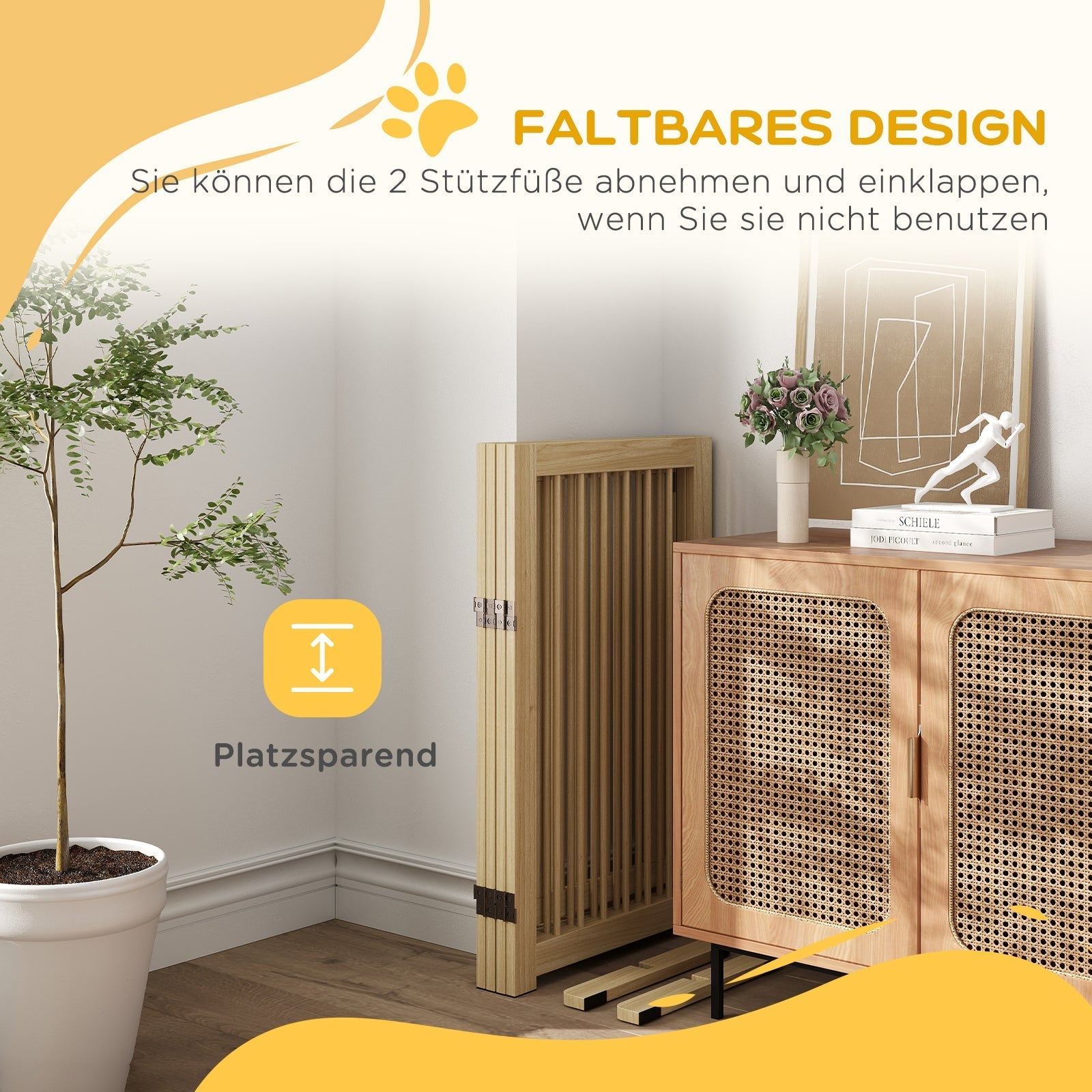 Dog Safety Gate, 4-Piece Foldable Freestanding Door, Wooden