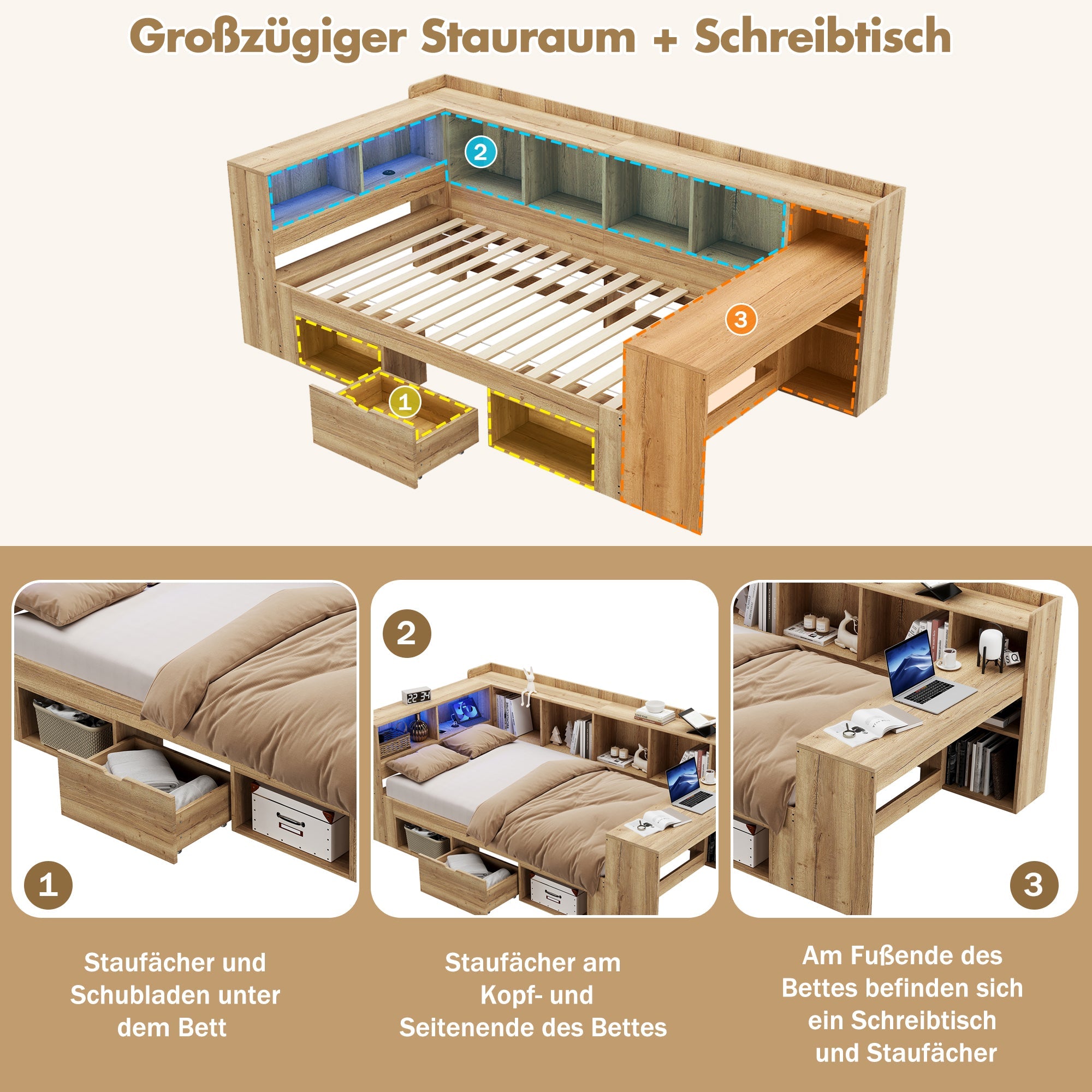 L-Shaped Wooden Platform Bed with LED, USB, Desk, Shelves and Drawers, 90x200cm, Natural Color