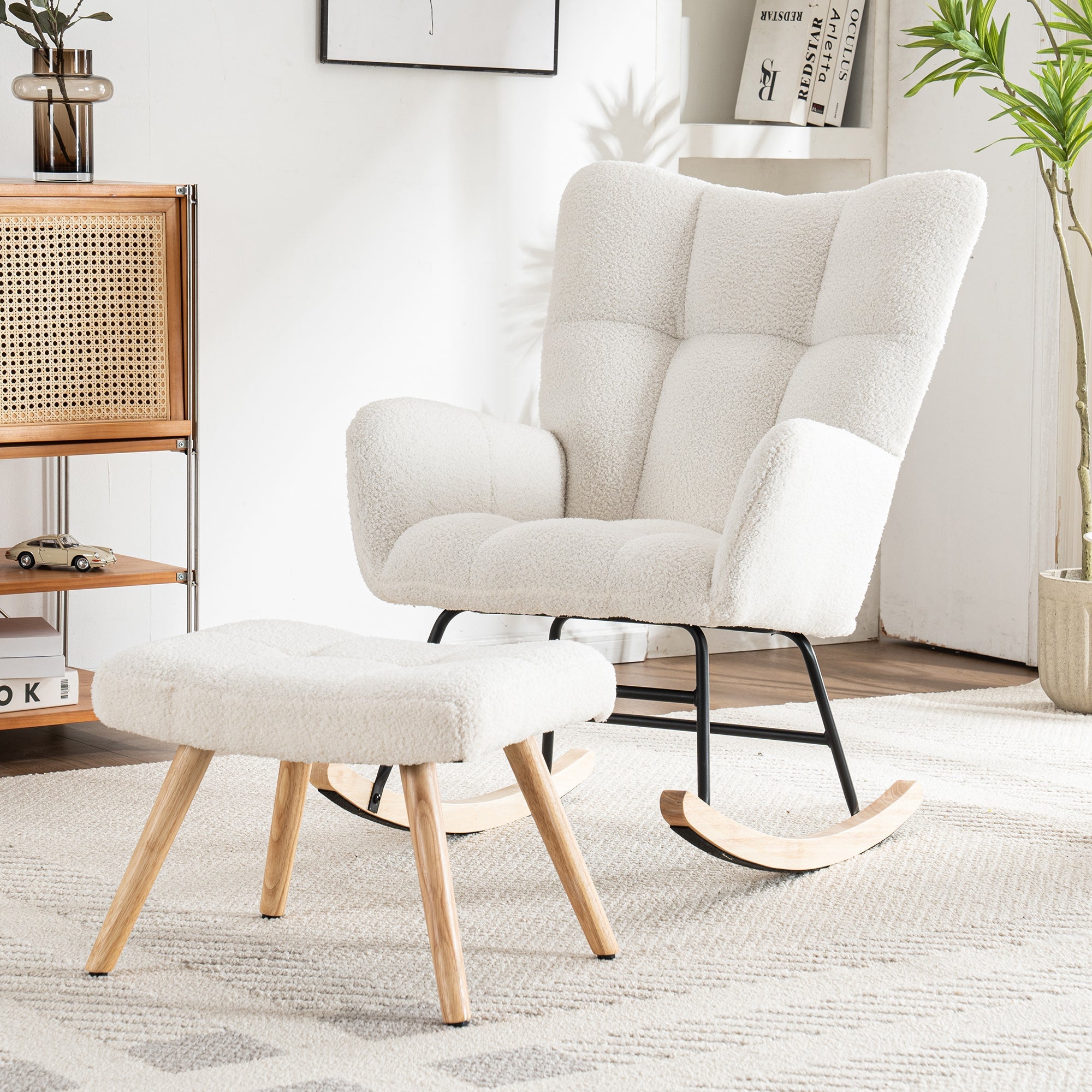 Ergonomic Rocking Chair with Footstool, Rubber Wood Frame, White