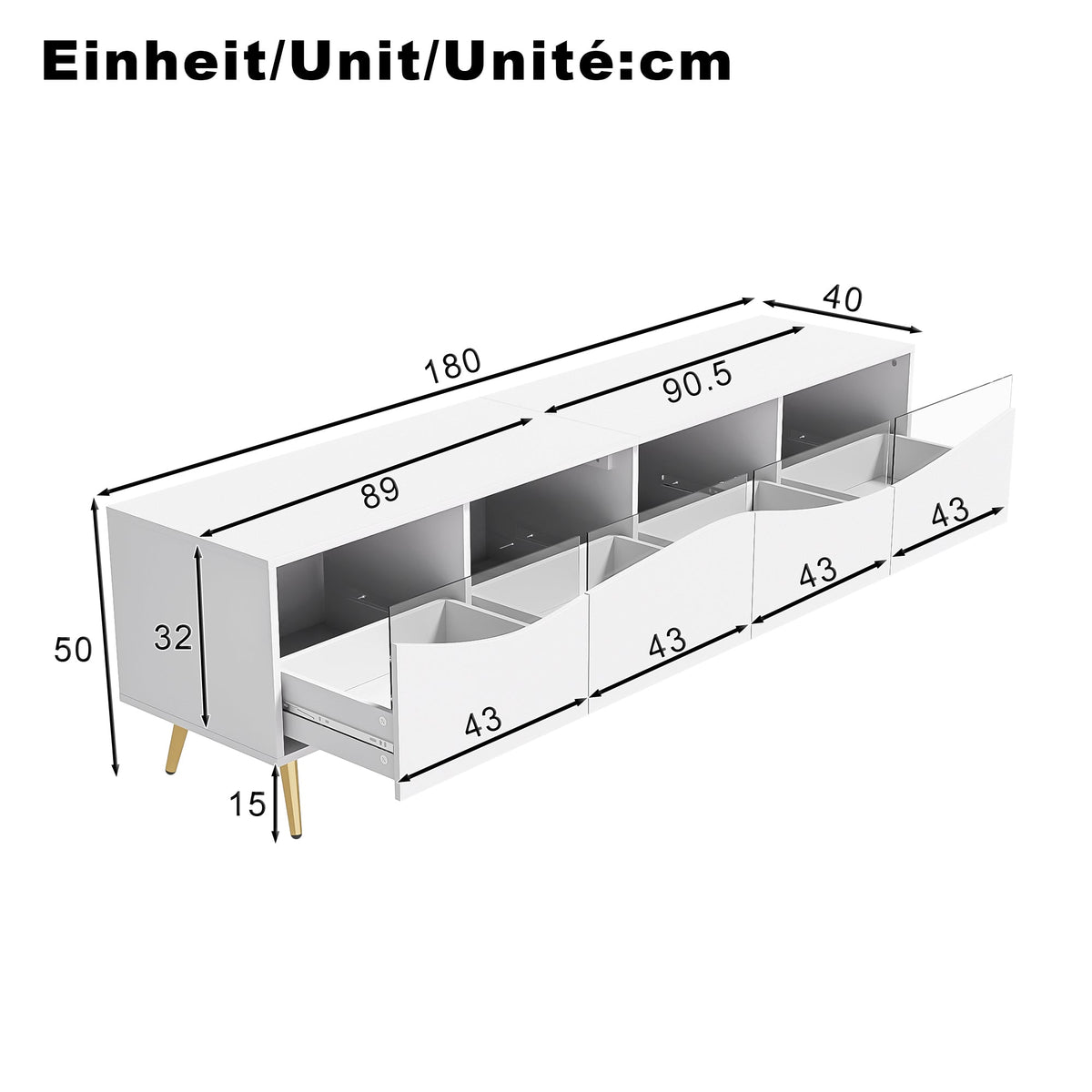 Modern TV Cabinet 180x50cm LED Lighting Glass Front Storage Lowboard White Gold Metal