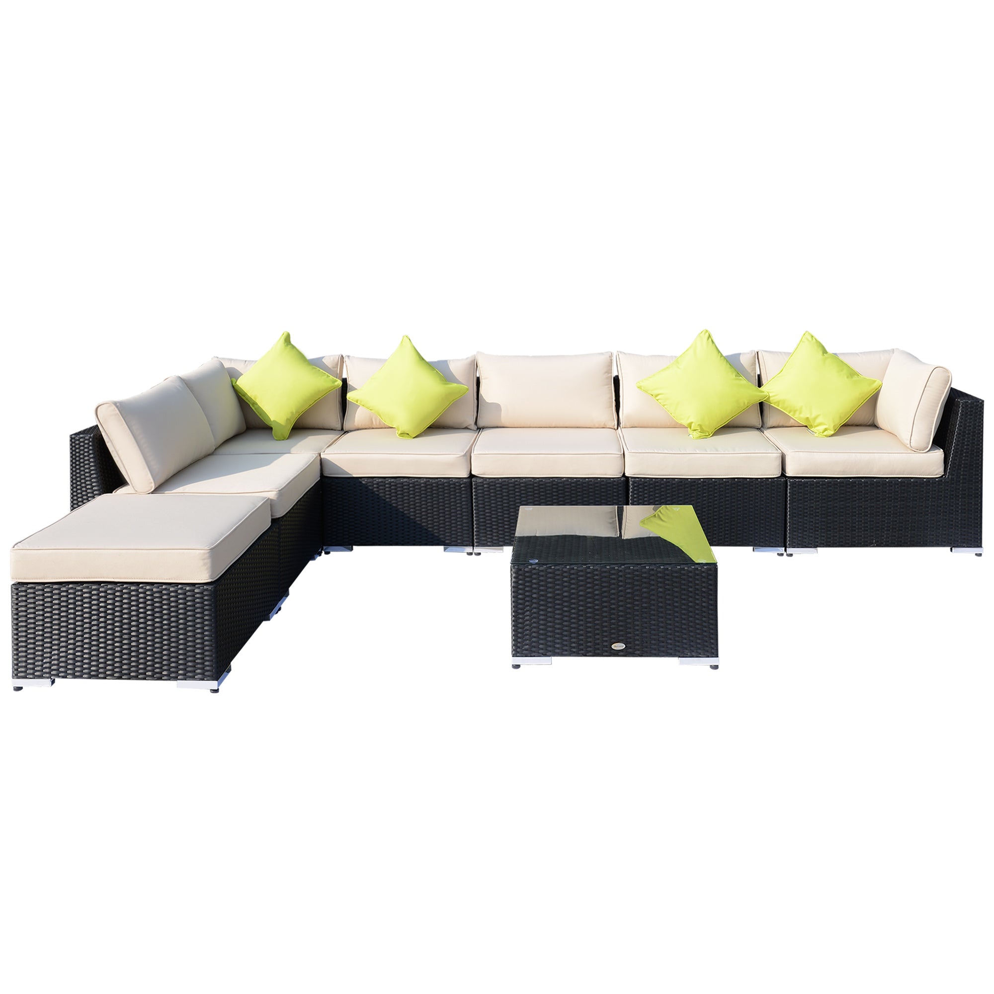 8 Pieces PE Rattan Corner Sofa Set Thick Cushions Glass Top Table, Black