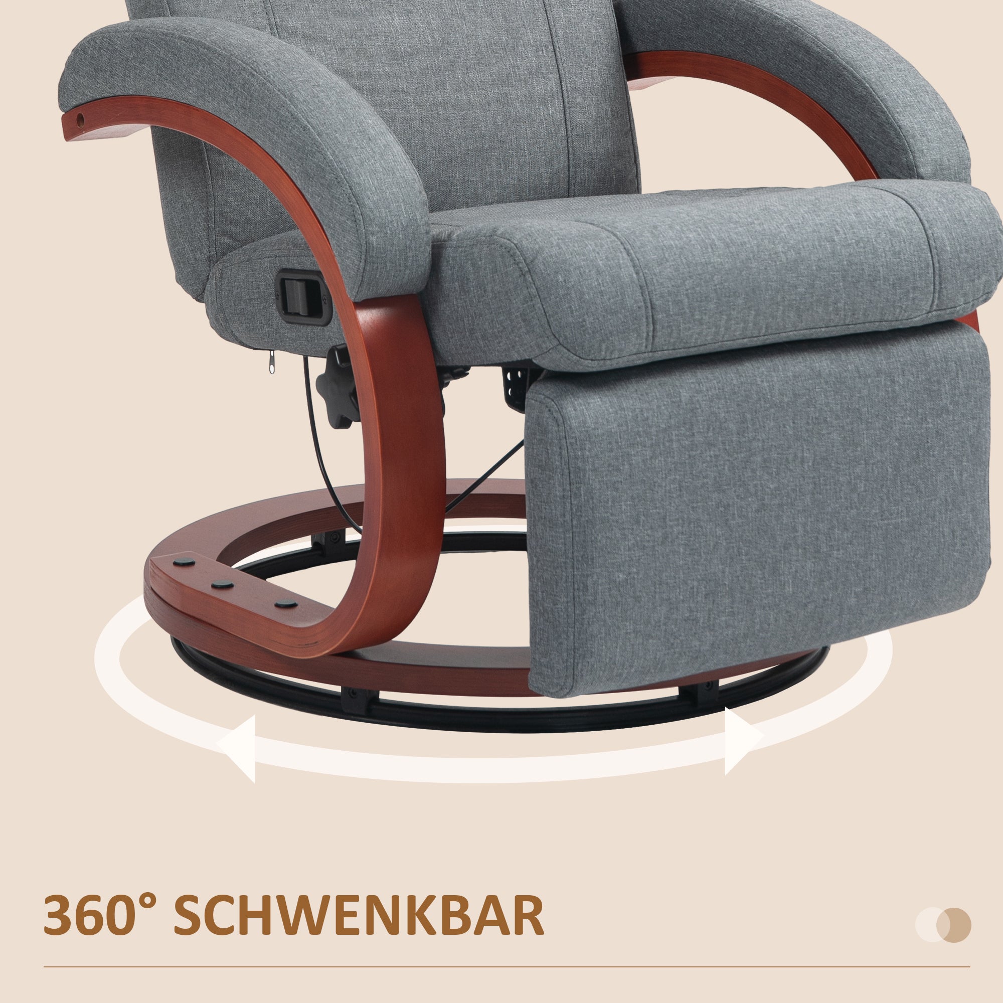 Reclining TV Armchair, Swivel, Adjustable Backrest, Wooden Armrests - Grey Fabric