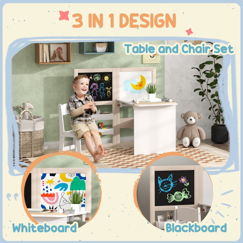 3 in 1 Kids Table and Chair Set with Storage, Whiteboard, Blackboard, Roll Paper for 3-8 Years, White