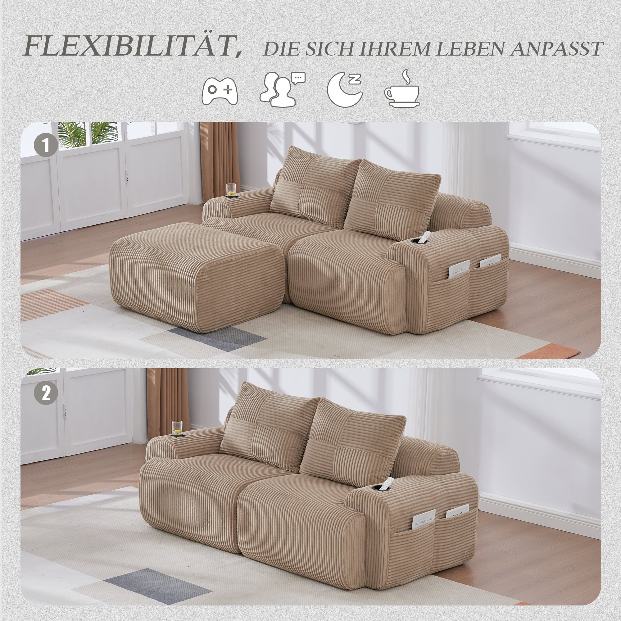 Modular Corduroy Sofa with Ottomans, Cup Holder and Side Pocket, Khaki