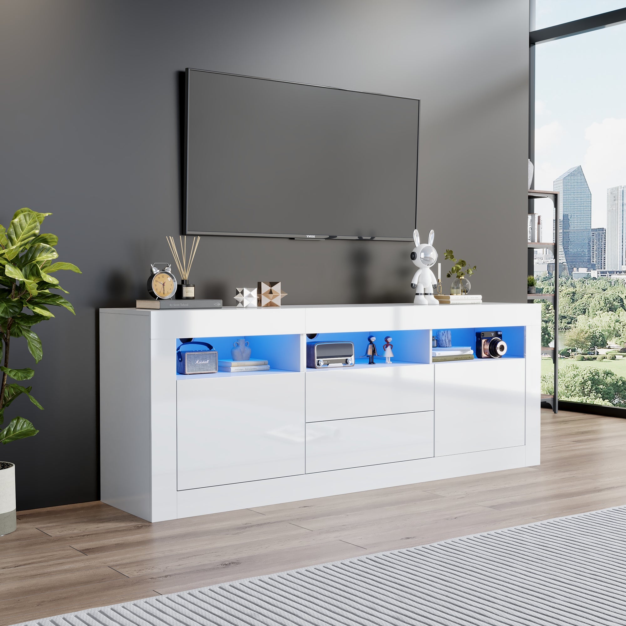TV Cabinet, 160x35x60cm LED Lit, 3 Open, 2 Doors, 2 Drawers, Smart App Control, High Gloss