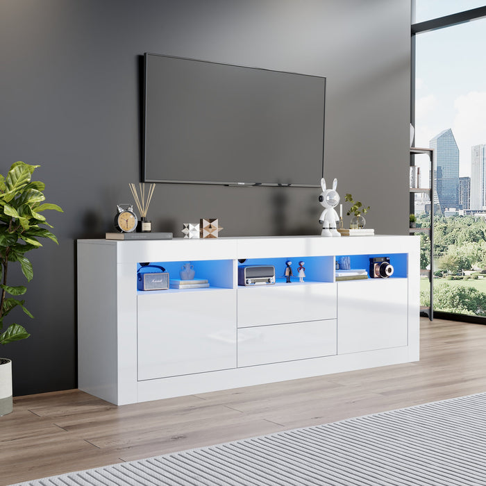TV Cabinet, 160x35x60cm LED Lit, 3 Open, 2 Doors, 2 Drawers, Smart App Control, High Gloss