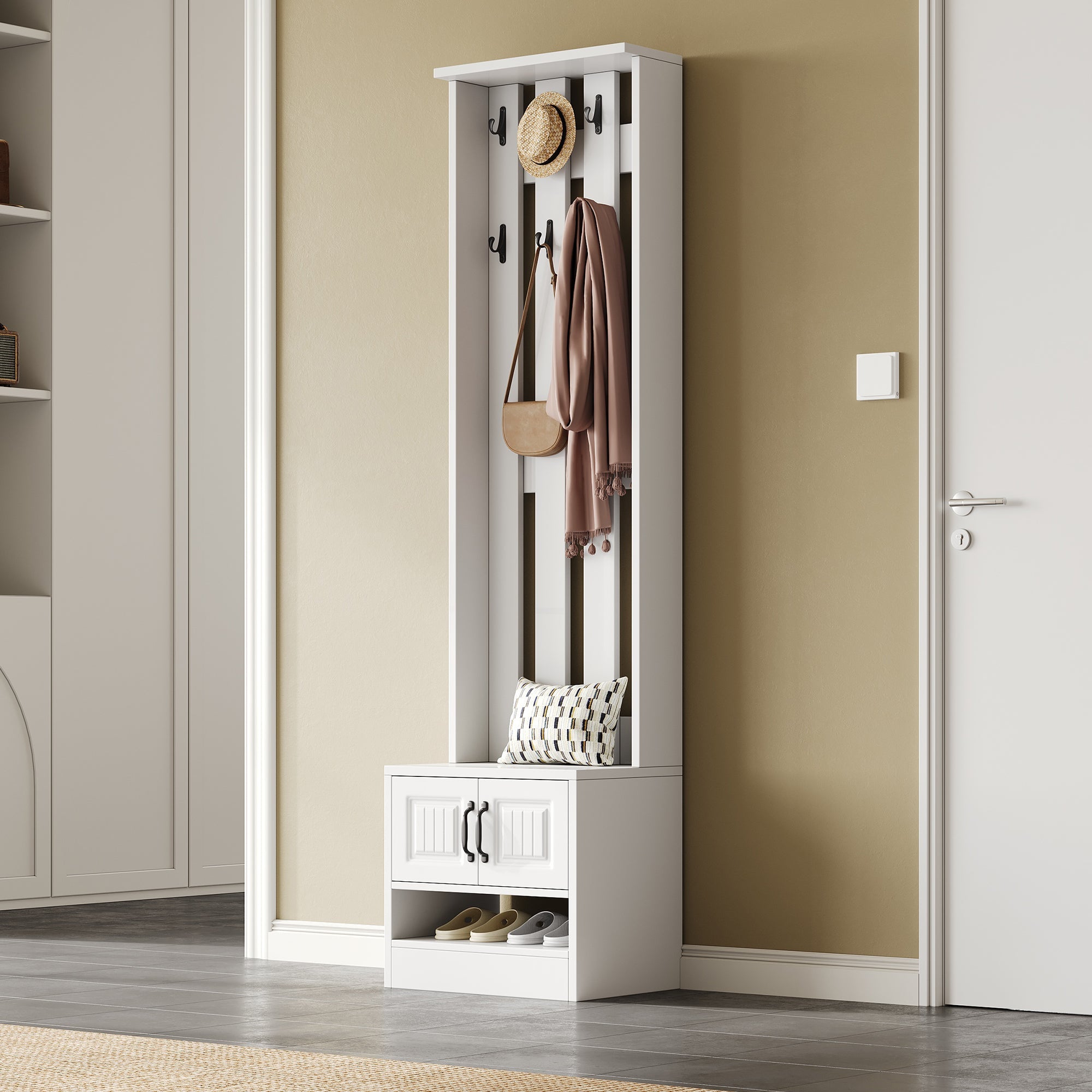 Shoe Cabinet Hallway Furniture with 2 Doors and 8 Hooks, W50/D36/H190cm, White