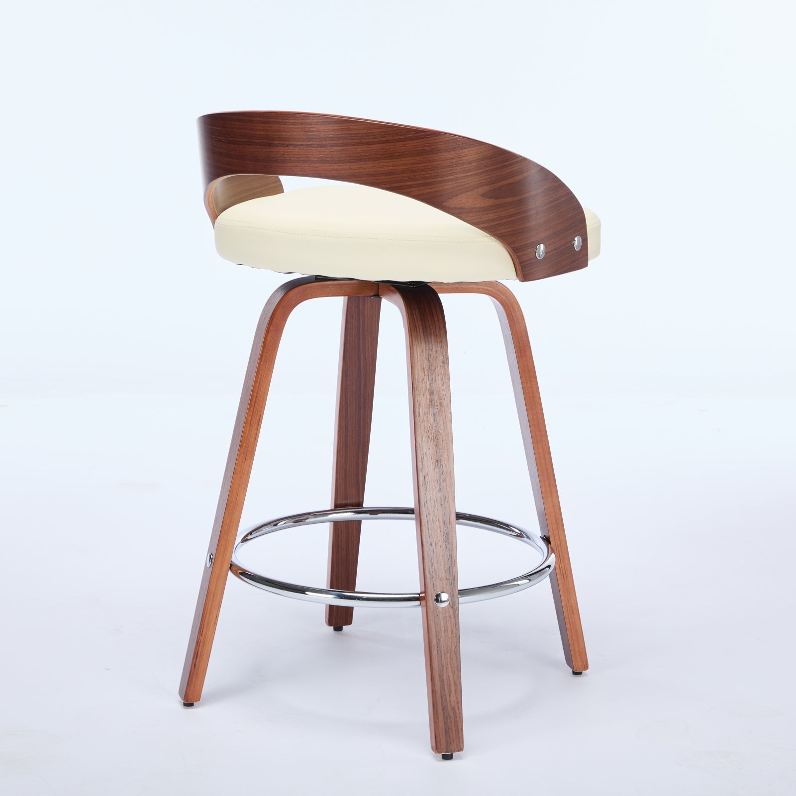 Bar Stools Set of 2, Swivel 63CM Counter Height Chairs with Low Back and Wood Legs, Beige Wood and Faux Leather