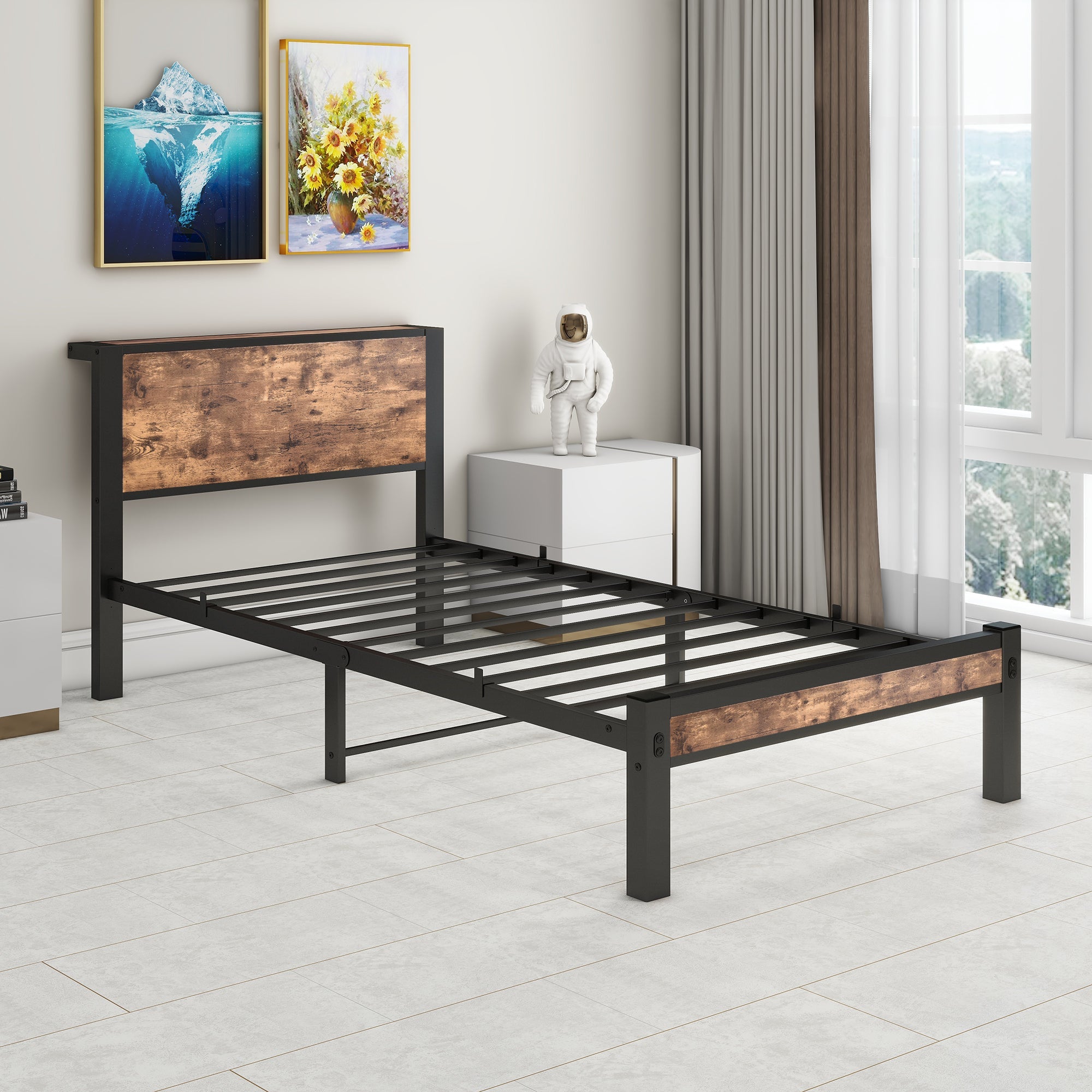 Metal Frame Single Bed, 90x200 cm with Storage Space, Vintage Brown