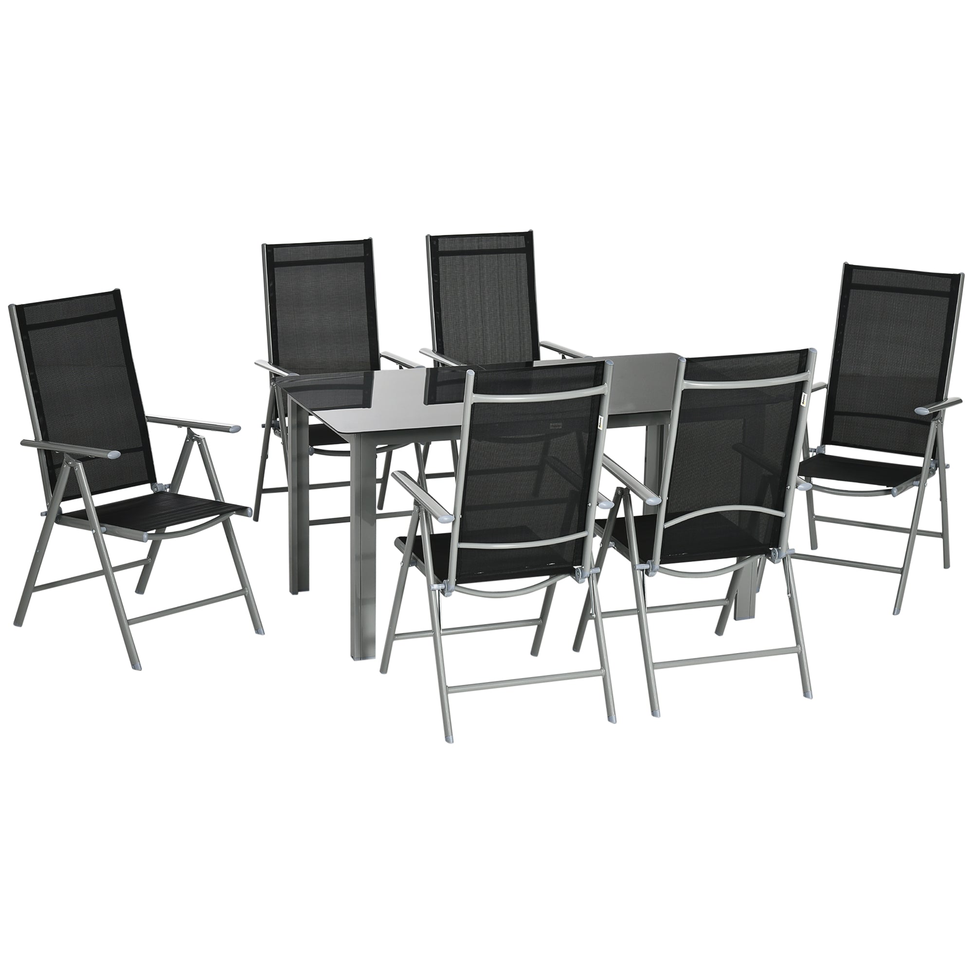 7 Piece Garden Dining Set, Folding and Reclining Chairs with Tempered Glass Table, Aluminium Frame, Black