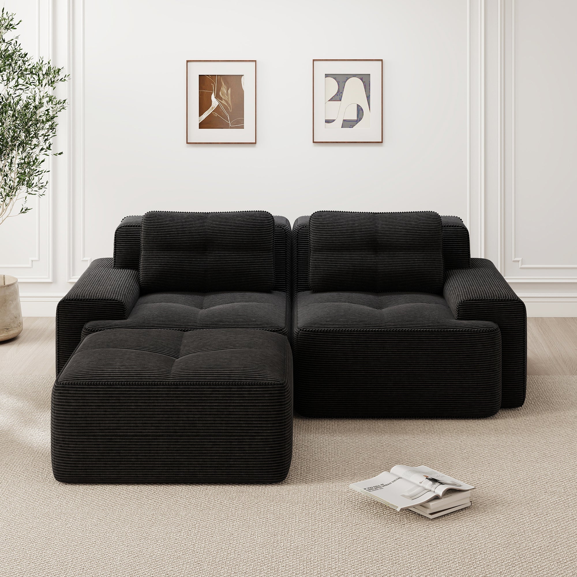 Boneless Modular Sofa L-Shaped Sleeper with Ottoman - Corduroy Black