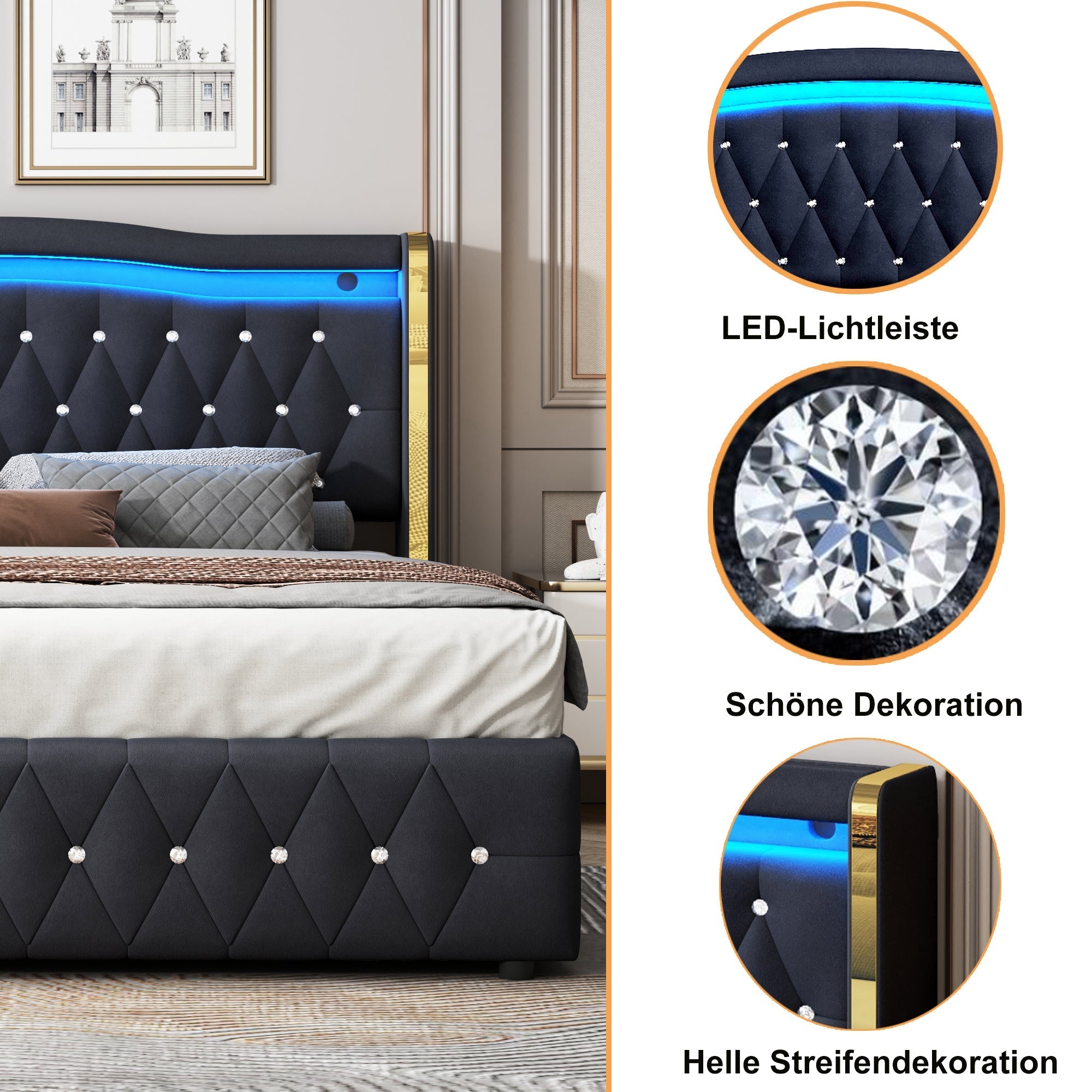 Upholstered Double Bed with LED Lights and Hydraulic Storage, Velvet