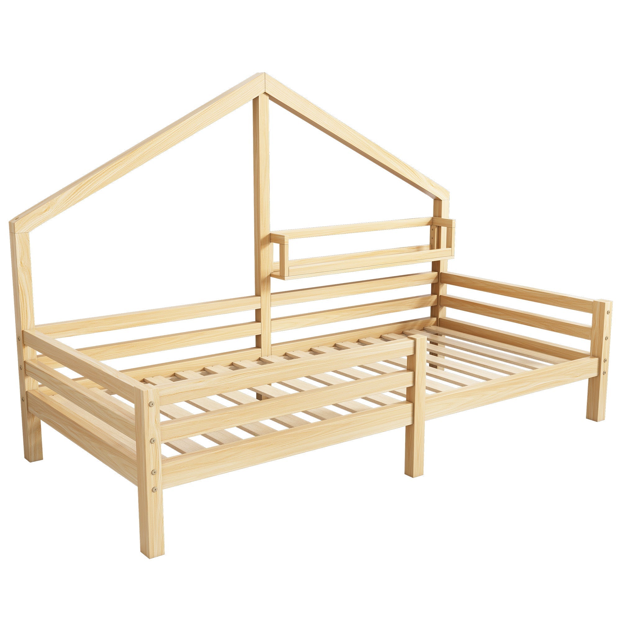 House Bed 90x200cm Storage Shelf Fireplace Shape - Natural